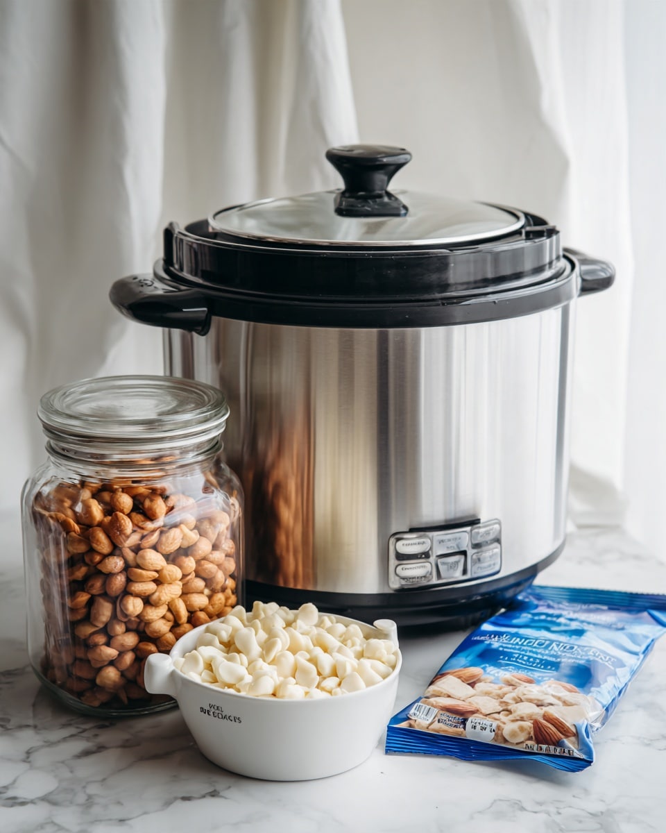 A shiny stainless steel crockpot with a black inner pot sits on a white marbled surface, with a clear plastic jar filled with dry roasted peanuts next to it on the left. In front of the jar is a white measuring cup filled with white almond bark chips. To the right of the cup is a blue and white package of almond bark, resting on the surface. The background shows a soft white curtain. photo taken with an iphone --ar 4:5 --v 7