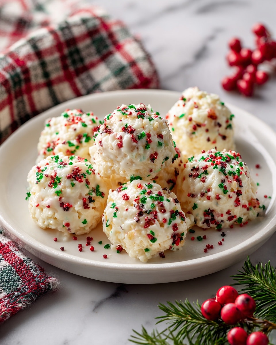 A white plate holds about seven small round clusters that look like snacks made from cereals or nuts, covered in a thick, creamy white coating. Each cluster is decorated with small green and red sprinkles, adding a festive touch. The plate sits on a white marbled surface, next to a cloth with a red, white, and green checkered pattern, and some red berries with green pine leaves are visible on the bottom right corner. photo taken with an iphone --ar 4:5 --v 7