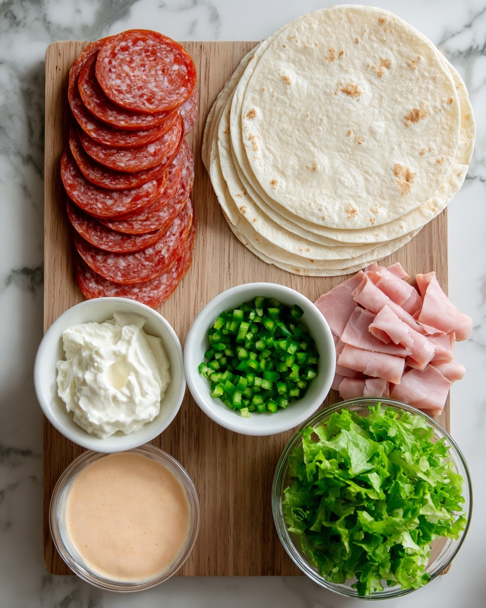 The image shows a top view of ingredients for making wraps placed on two wooden boards over a white marbled surface. The top board holds thin, round slices of reddish salami stacked on the left and several pink slices of deli ham layered loosely on the right. On the lower board, there are two soft, pale beige wraps folded in half, positioned in the center. Below the wraps are three white bowls: the left bowl contains smooth white cream cheese, the right bowl has chopped fresh green lettuce, and the middle glass bowl holds finely chopped bright green jalapeño peppers. To the left of the jalapeños, there is a white bowl filled with a creamy pinkish-orange sauce. Photo taken with an iphone --ar 4:5 --v 7