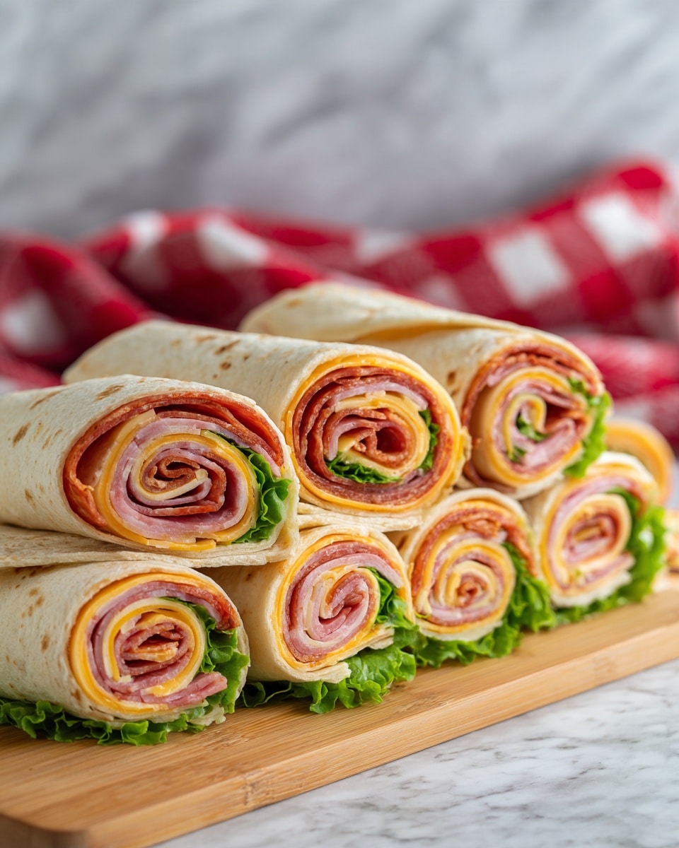 The image shows several spiral wrap sandwiches stacked on a light wooden board with green lettuce leaves underneath them. Each wrap has about five visible layers: a soft beige tortilla outside, a thin layer of orange-red spread, a layer of reddish pepperoni, pink slices of ham, pale yellow cheese, and fresh green lettuce in the center. The wraps are tightly rolled, cut into pieces, and arranged in a way that the layered swirls are clearly visible. The background includes a white marbled surface and a red and white checkered cloth is blurred in the back. Photo taken with an iphone --ar 4:5 --v 7