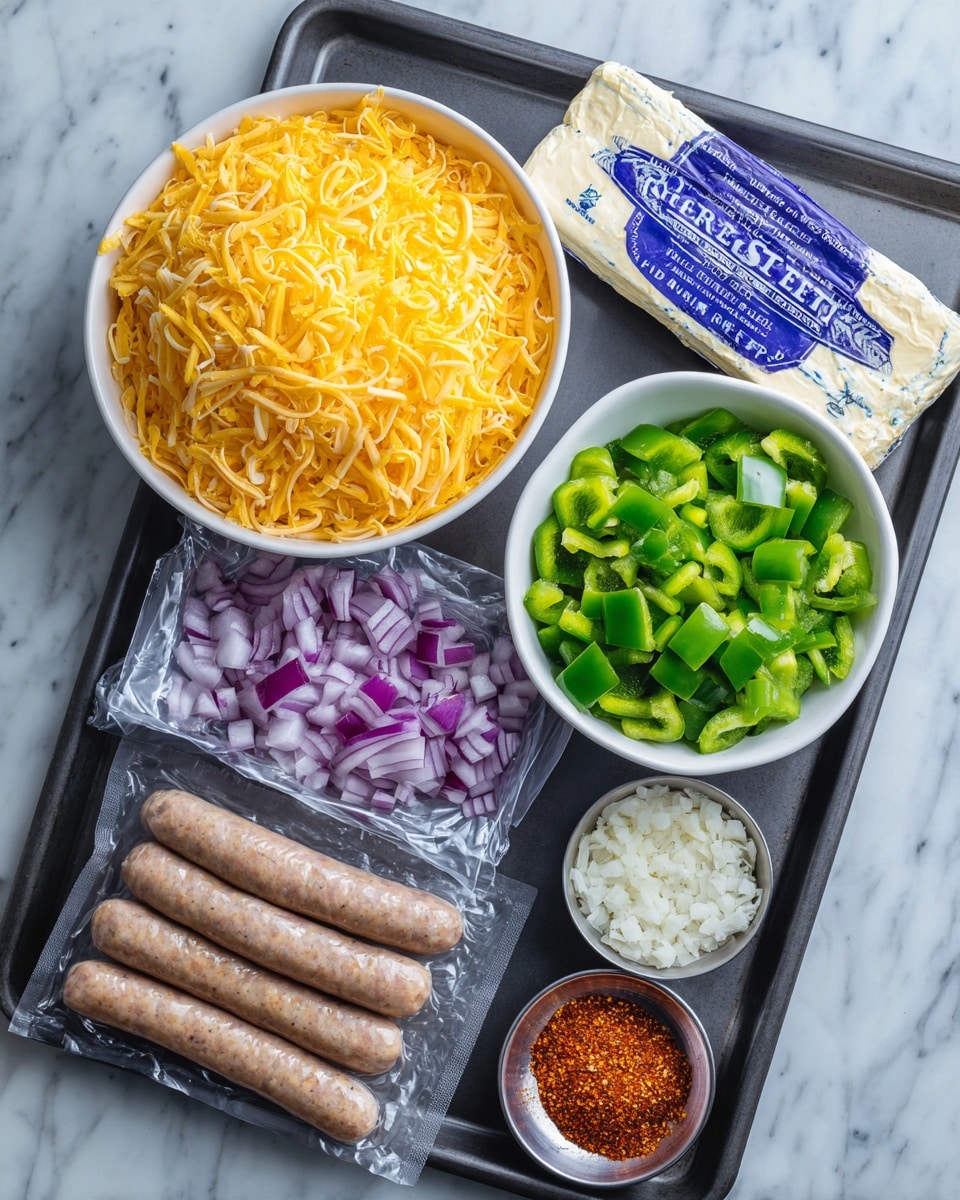 The image shows a dark baking tray placed on a white marbled surface, holding several ingredients. At the top left is a white bowl filled with a large mound of shredded yellow cheese. Next to it on the right is another white bowl filled with chopped green bell peppers. Below the peppers is a smaller white bowl containing diced red onions. To the bottom left of the onions, there is a glass vacuum-sealed pack of uncooked sausages with four links. At the center top above the sausage pack, there is a wrapped block of cream cheese with blue text on the wrapper. At the bottom right, two small metal cups hold finely minced garlic and red chili powder. The arrangement is orderly, and the overall look is clean and ready for cooking. photo taken with an iphone --ar 4:5 --v 7