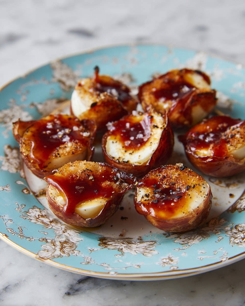 The image shows several small round bites on a pale blue plate with delicate white and gold patterns. Each bite has two layers: a crispy dark brown outer layer wrapped around a soft, lightly browned inner layer of cooked filling. A shiny reddish sauce is drizzled generously over the top of each bite, creating a glossy effect that shines under the light. Small specks of black pepper and coarse salt are sprinkled on top for extra texture. The plate is set on a white marbled surface. photo taken with an iphone --ar 4:5 --v 7