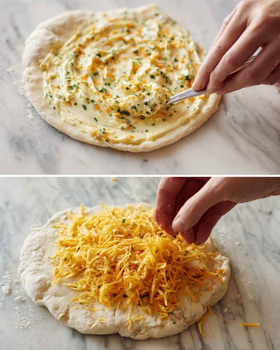 The image shows two steps of making a cheese-filled dough. In the top part, a flat, round dough stretched on a white marbled surface is being spread with a creamy mixture containing small green and orange bits using a small spatula held by a woman's hand. The creamy mixture is light yellow with herbs. In the bottom part, shredded bright orange cheese is being sprinkled by a woman's hand over the dough evenly, on top of the creamy spread. The dough edges are rough and the surface has some flour dust. Photo taken with an iphone --ar 4:5 --v 7