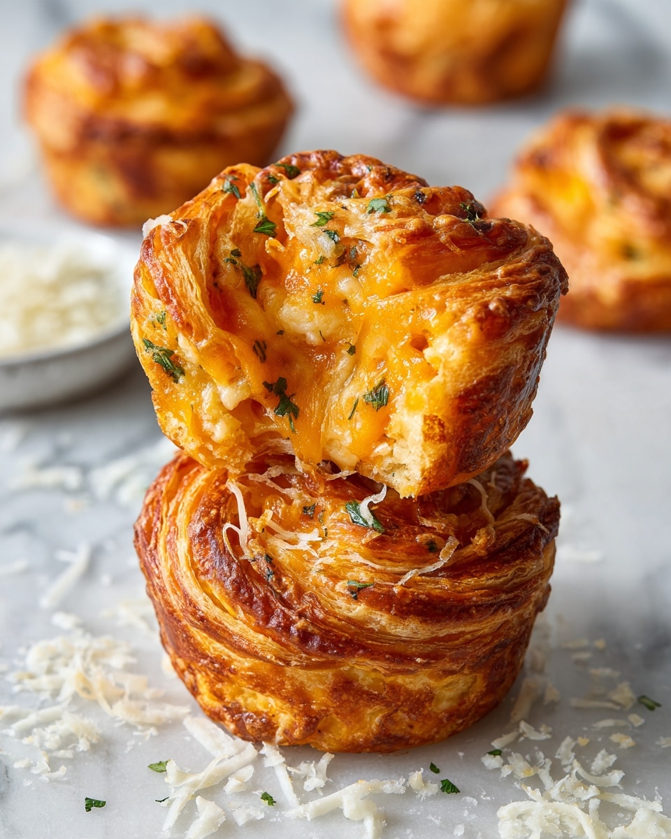 This image shows two stacked savory cheese muffins with several layers of golden-brown pastry dough spiraled tightly, creating a textured and flaky look. The top muffin is cut open, revealing bright orange melted cheese filling within many folds of soft, airy dough mixed with small green herbs. The muffins sit on a white marbled surface, with more muffins blurred in the background and finely grated white cheese sprinkled around. Photo taken with an iphone --ar 4:5 --v 7