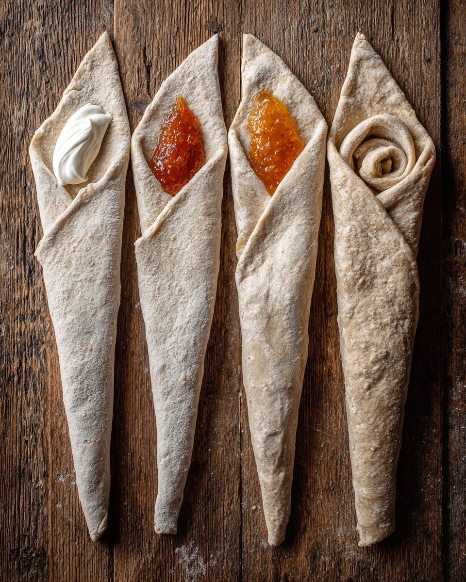 The image shows four long, narrow dough triangles laid out on a wooden surface. Each dough piece is pale beige with a slightly rough texture. Near the wide base of each triangle, there are small dollops of white cream and bright orange-red jam placed side by side. The dough on the far right is partially rolled from the wide base towards the tip, forming a tight spiral shape. Photo taken with an iphone --ar 4:5 --v 7