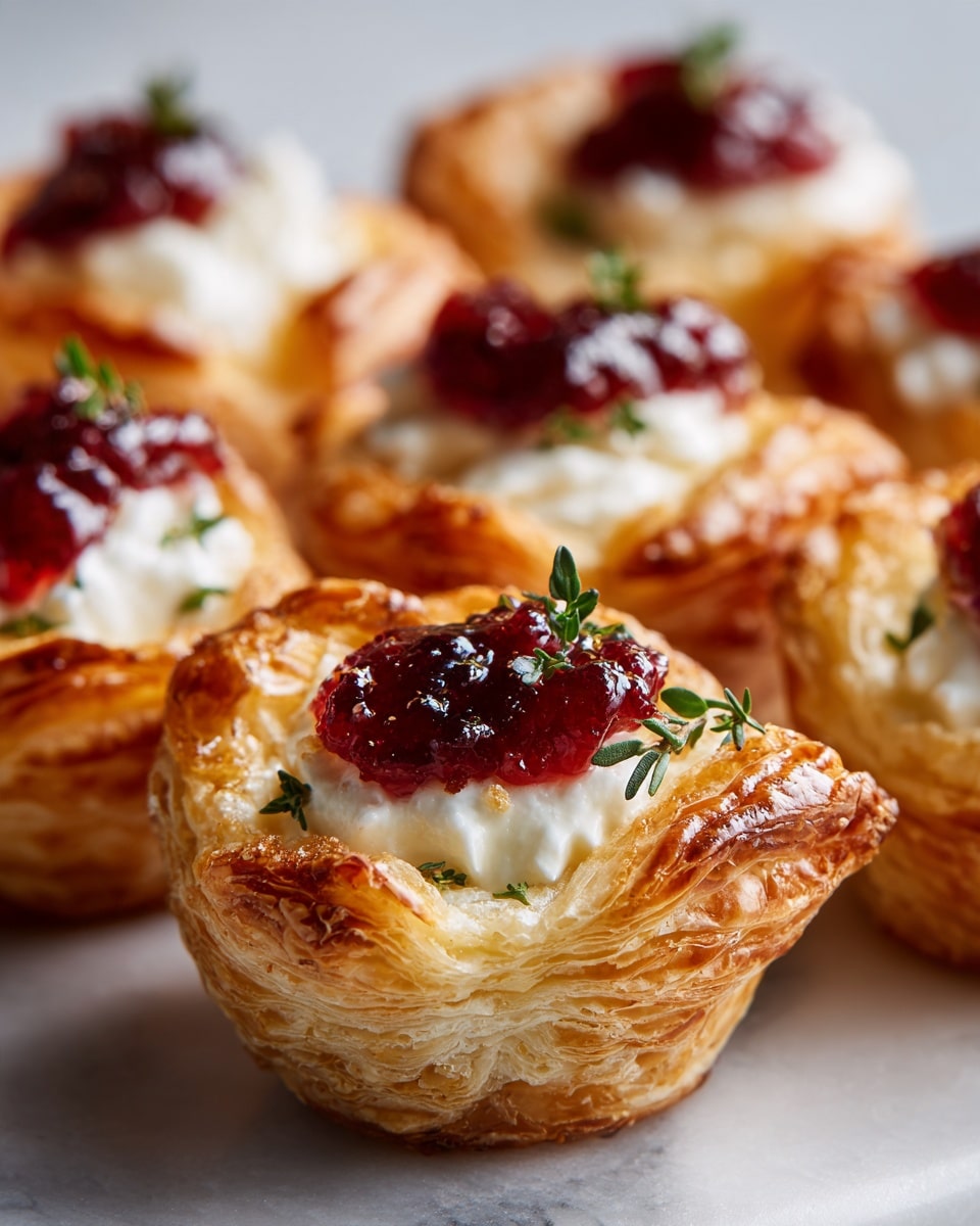 The image shows several small, golden-brown puff pastry cups arranged closely on a white marbled surface. Each pastry cup has a crispy, flaky texture with distinct layers visible around the edges. Inside each cup, there is a dollop of white creamy cheese, topped with a small spoonful of bright red jelly or jam. Tiny green herb sprigs, possibly thyme, are sprinkled on top of the jam adding a touch of color and freshness. The overall look is neat and appetizing, with a clear contrast between the golden pastry, white cheese, and red topping. photo taken with an iphone --ar 4:5 --v 7