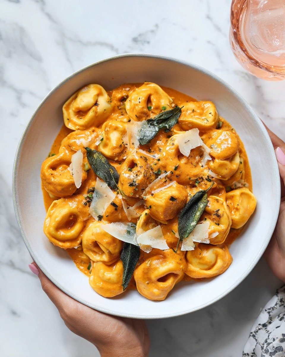 A deep white bowl filled with several layers of tortellini pasta coated in a thick, creamy orange sauce. The tortellini are rounded and filled, stacked evenly in the bowl. Scattered on top, there are large pieces of irregularly shaped dark green leaves, probably sage, and thin, pale slices of a hard cheese. A woman's hand is holding the bowl on the right side. The bowl is placed on a white marbled surface, with a light-colored drink in a glass above it to the top right. photo taken with an iphone --ar 4:5 --v 7
