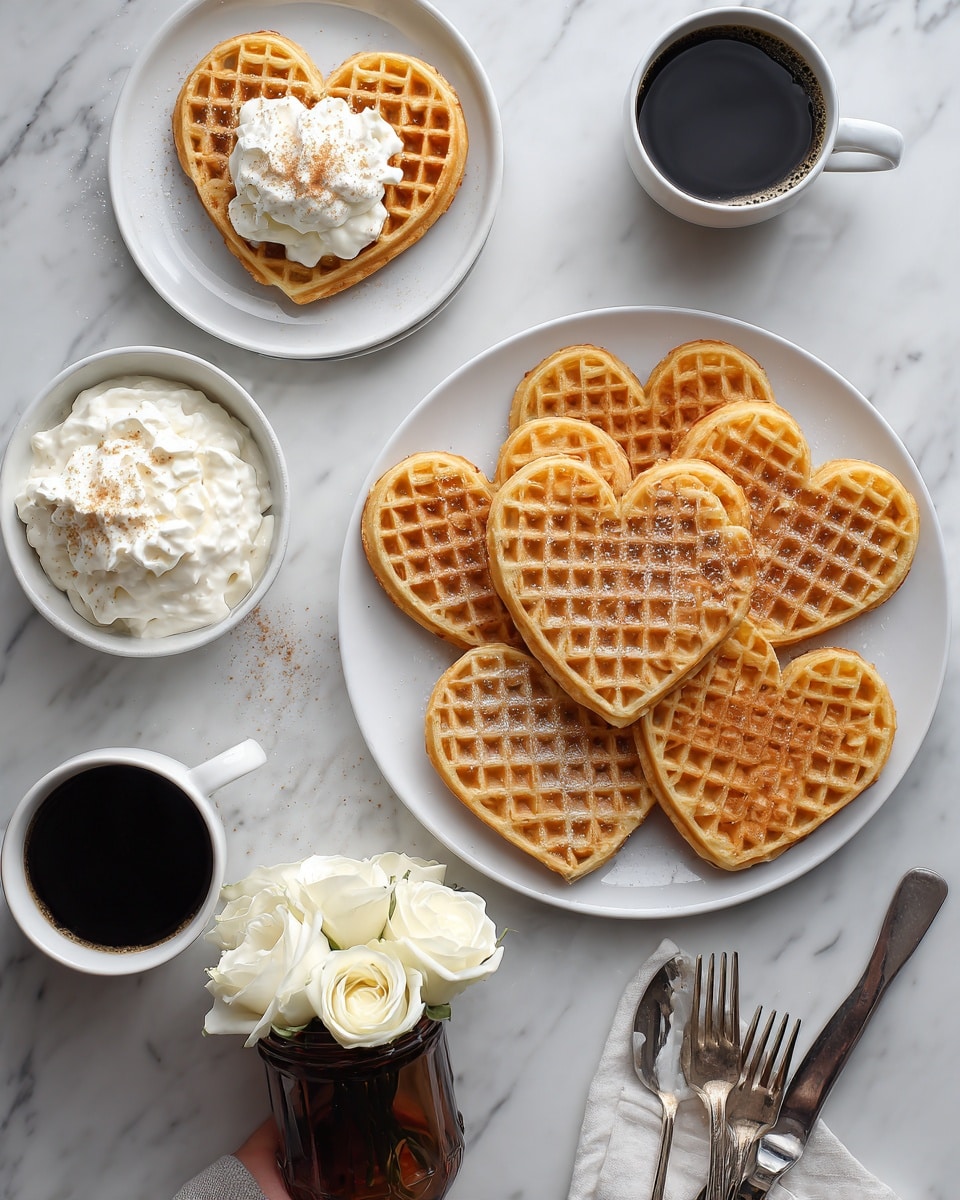 A white plate with a stack of five heart-shaped golden waffles arranged in a circular pattern on a white marbled surface; next to it is another white plate with a single golden waffle topped with a scoop of white cream and sprinkled with light brown powder. Nearby, there are two white cups filled with dark black coffee. A small bowl of thick white cream with a spoon is placed on the surface, along with a bottle with a dark cap. Three pieces of silver and cream-colored cutlery lie on the white marbled surface close to the plates, and a woman's hand is holding a dark brown glass jar topped with white rose petals. photo taken with an iphone --ar 4:5 --v 7
