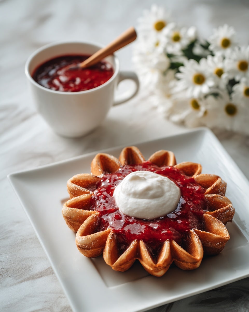 A golden brown waffle shaped like a flower with six rounded petals sits on a white square plate, topped with a layer of bright red berry sauce and a dollop of smooth white cream in the center; in the background, there is a white cup filled with more red berry sauce and a wooden spoon inside, all placed on a white marbled textured surface with blurred white flowers adding a soft touch to the scene, photo taken with an iphone --ar 4:5 --v 7