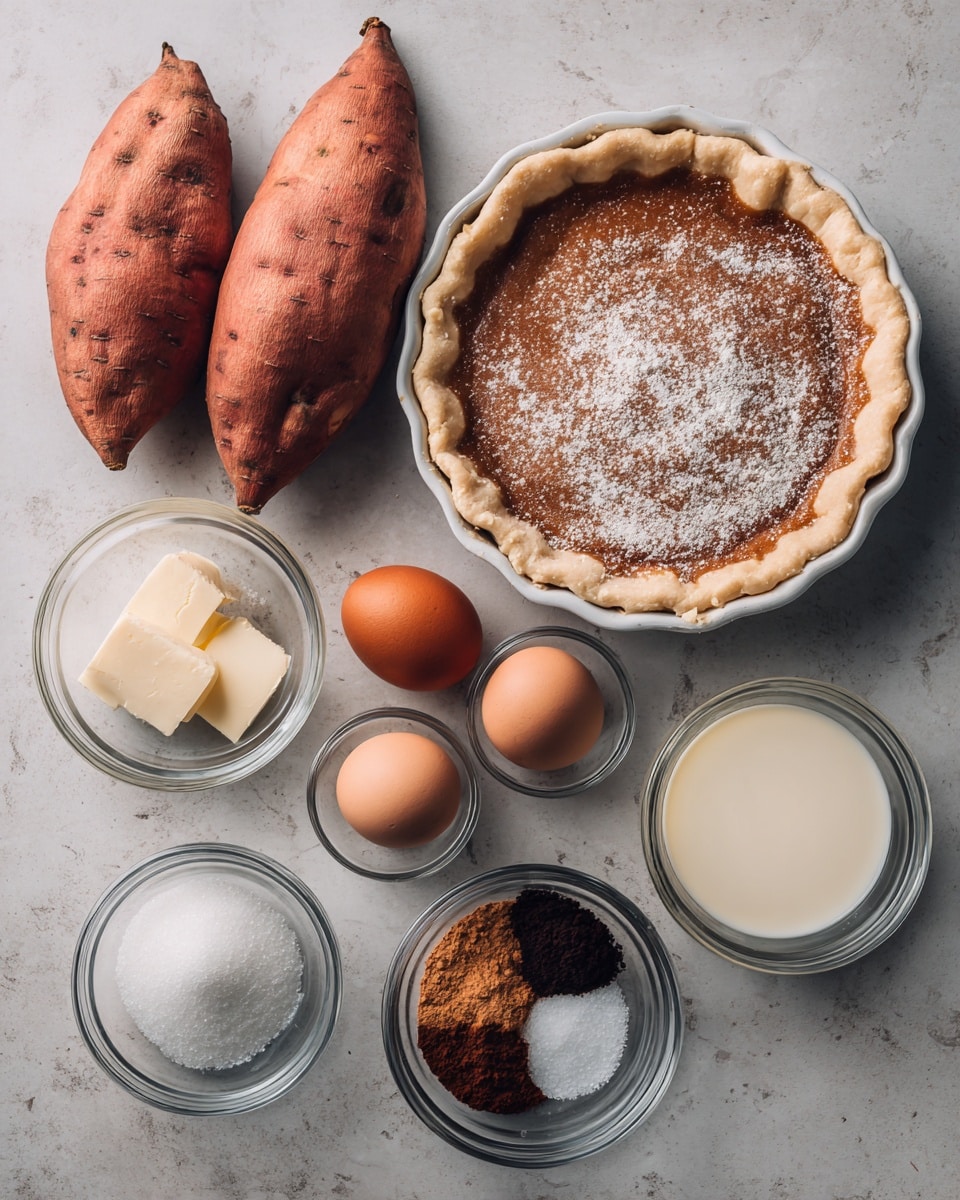 The image shows raw ingredients for a sweet potato pie neatly arranged on a white marbled surface. On the left, there are two whole raw sweet potatoes with rough reddish-brown skin. To the right, there is an unbaked fluted pie crust in a round white pie dish, dusted lightly with flour. Below the sweet potatoes and pie crust, clear glass bowls contain two brown eggs, a stick of butter, white sugar, dark brown sugar, a small amount of cinnamon, cocoa powder, salt, and vanilla extract in a dark liquid form. There is also a small glass container of cream. The colors are warm with natural earth tones from the ingredients, and the textures range from smooth eggs and butter to granulated sugars and powdery spices. Photo taken with an iphone --ar 4:5 --v 7
