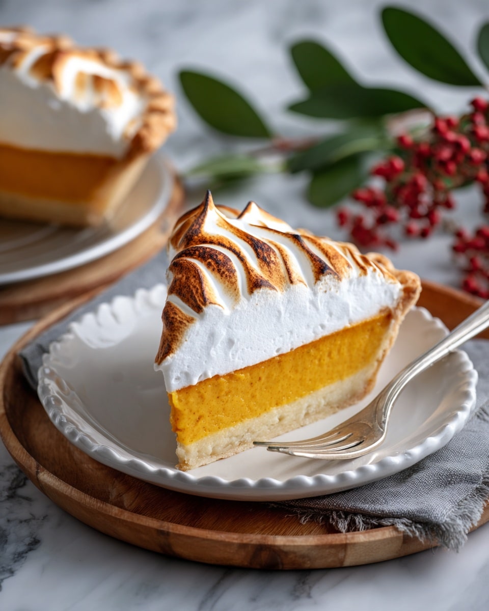 A slice of pie sits on a white plate with a scalloped edge, showing three layers: a light golden crust at the bottom, a thick, smooth orange filling in the middle, and a swirl of toasted white meringue on top with browned peaks. The crust edge is crimped and puffy, framing the filling neatly. A silver fork rests on the right side of the plate. The plate is placed on a round wooden tray with a gray cloth underneath, and there are green leaves and red berries in the background, all set on a white marbled surface. Photo taken with an iphone --ar 4:5 --v 7
