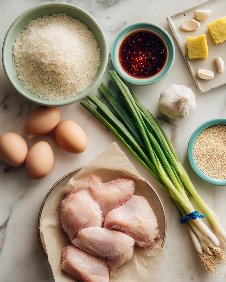 A white bowl lined with light brown parchment paper holds four pink piece of raw chicken with smooth, shiny texture, placed near the bottom right side of the image. To the right, a bunch of long green onions with bright green stalks and white roots bound by a blue band lies diagonally. On the left, a light green bowl is filled with white uncooked rice grains, positioned near the top left corner. Below the rice bowl, four brown eggs are scattered on the white marbled surface. Fresh light brown ginger root and three garlic cloves with their white skins are placed near the center. Near the bottom, a small blue bowl filled with off-white sesame seeds is visible. Above it to the left, a light green bowl contains a dark red chili sauce with bits of red pepper visible. Toward the top right, two small white dishes with dark brown liquid sauces sit on a rectangular white plate. Two small yellow wrapped cubes rest near the sauces. The entire scene is set on a white marbled surface. Photo taken with an iphone --ar 4:5 --v 7