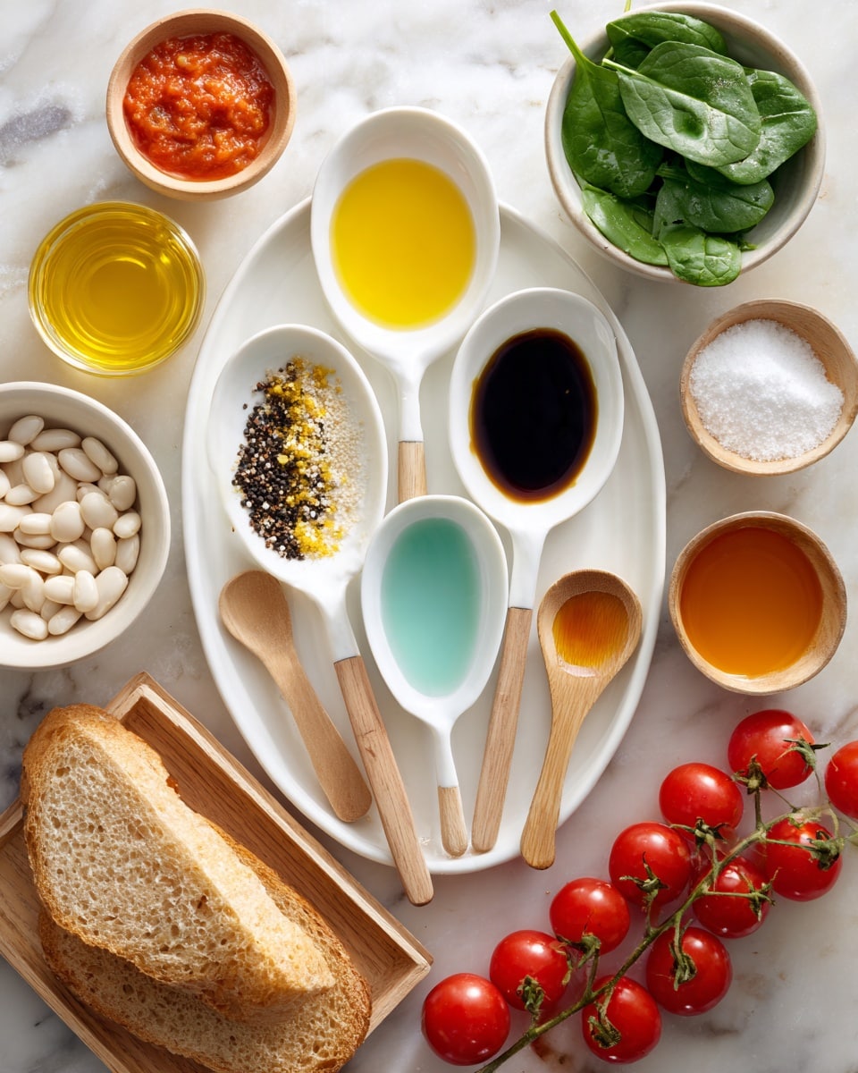The image shows an arrangement of cooking ingredients on a white marbled surface. In the center, there is a white plate holding five spoons: from left to right, a white spoon with yellow mustard, a white spoon with dark sauce, a small white spoon with black pepper, a white wooden spoon with granulated powder, and a light blue spoon with brown liquid. Around the plate, there are bowls with orange oil, chopped white onions, red tomato sauce, and light yellow liquid. Below, a wooden tray holds two slices of brown bread, and next to it are fresh cherry tomatoes still on the vine and fresh green spinach leaves. At the bottom left, a bowl of white beans is partially visible. The scene is well-lit and delicate, with natural colors and textures. photo taken with an iphone --ar 4:5 --v 7