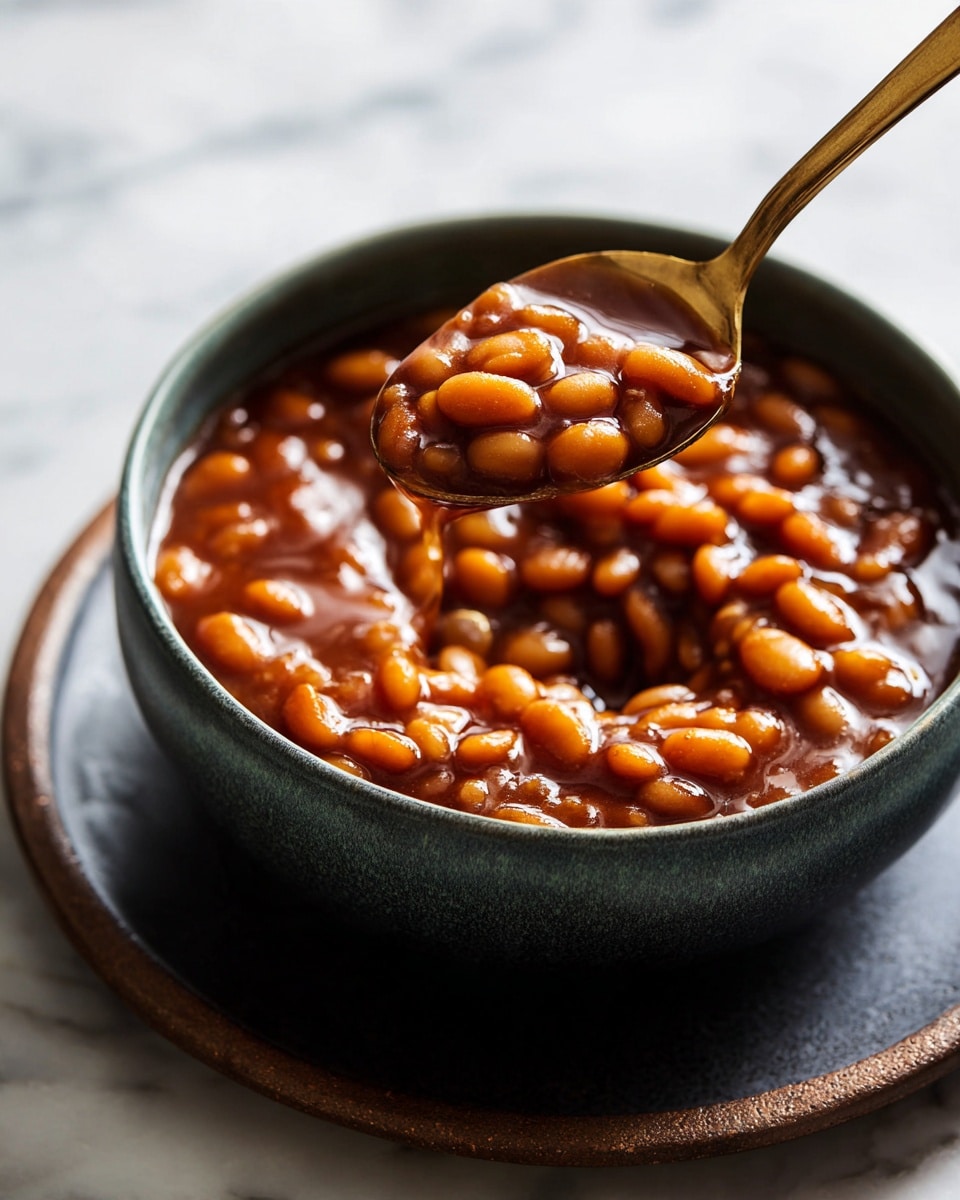 A close-up shot of a dark green bowl filled with thick baked beans in a rich, shiny brown sauce. The beans are small and oval, with a smooth, glossy texture, tightly packed in the sauce. A brass spoon is lifting a generous scoop of the beans from the bowl, showing the sauce clinging to the beans and the spoon's surface. The bowl sits on a larger dark round plate, all placed on a white marbled surface. The photo captures the warm, comforting look of the dish in soft natural light, photo taken with an iphone --ar 4:5 --v 7