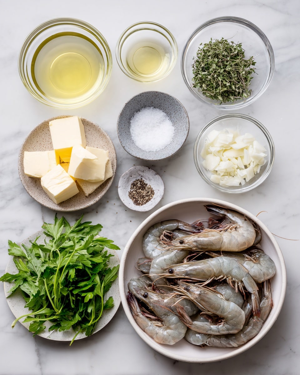 The image shows ingredients laid out on a white marbled surface. On the right, there is a white bowl filled with raw shrimp that have a mix of gray and pinkish colors with tails attached. Below it, there is a small gray speckled bowl with coarse white salt. To the left of the shrimp, there is a clear glass bowl with pale yellow butter cubes, and above it is a small clear bowl of light green oil. At the top left, a white bowl holds a light yellow liquid, and next to it is a clear glass with a transparent pale liquid. Below these, a white plate holds fresh green herbs, including parsley and oregano. Next to the plate, there is another clear glass bowl with finely chopped white garlic. A small gray speckled bowl with black pepper sits above the garlic bowl. Photo taken with an iphone --ar 4:5 --v 7