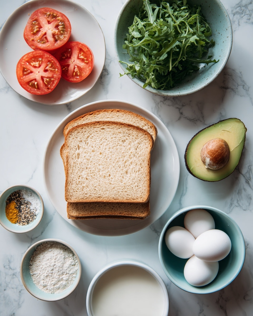 The image shows four slices of light brown bread neatly stacked on a white plate placed on a white marbled surface. Nearby, a white plate holds three fresh red tomato slices on the top left, a bunch of dark green arugula leaves filling the middle, and a half avocado with its seed on the right. On the white marbled surface, there are four white eggs in a pale blue bowl positioned near a pale blue bowl of white milk. Below these is a smaller pale blue bowl filled with a white powder, likely flour or a similar ingredient. At the bottom left corner, a tiny pale blue bowl contains a small mix of seasonings, which includes black and yellow spices. Everything is arranged clearly and neatly, with soft natural light. Photo taken with an iphone --ar 4:5 --v 7