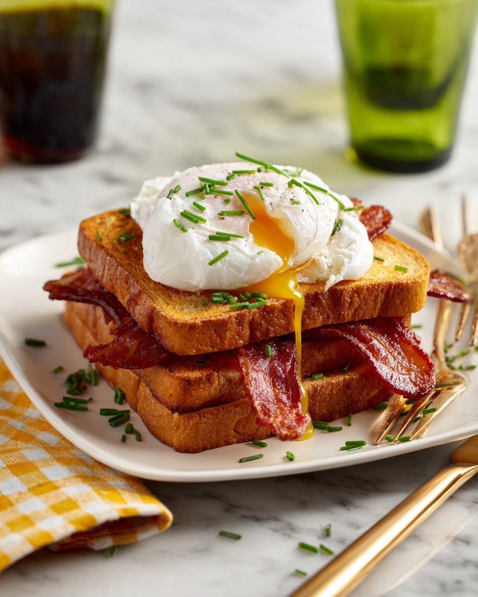 The image shows a dish with two layers of golden-brown toasted bread stacked on a square white plate on a white marbled surface. Between the two slices of bread, there are two pieces of crispy bacon with a shiny reddish texture. On top of the upper bread slice, there is a white poached egg with a soft, smooth texture, garnished with small green chopped chives scattered around. The plate is placed near a fork and knife wrapped in a yellow and white checkered napkin on the right side, with a dark, transparent glass and two green glasses blurred in the background. Photo taken with an iphone --ar 4:5 --v 7