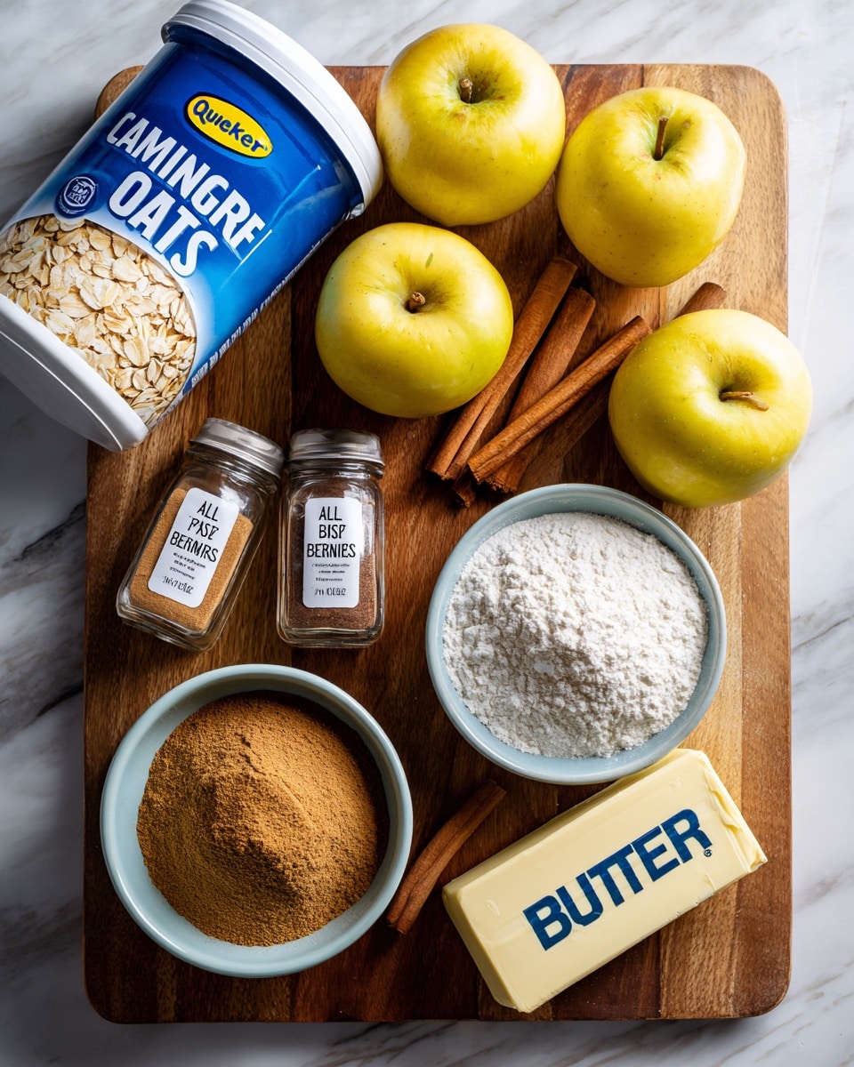 The image shows a wooden cutting board on a white marbled surface, with four yellow apples placed near the top right corner. On the left side, there is a large blue and white Quaker Oats container lying on its side. Below the apples and oats, there are two small clear glass spice jars labeled