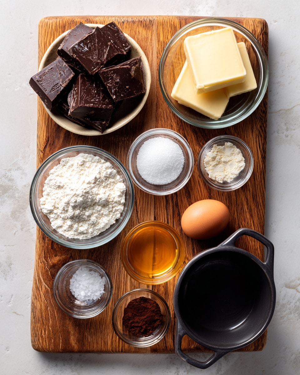 The image shows a wooden cutting board with eight small clear glass bowls and two brown eggs arranged neatly on it. One bowl holds large pieces of dark chocolate. Another bowl contains a rectangular piece of butter. A small bowl has white granulated sugar, and another has white flour. Two small bowls have dark brown powders and a mix of salt and baking powder. One bowl contains a light amber liquid, possibly vanilla extract. There is also a small black round pot with handles. The white marbled surface is visible around the wooden board. photo taken with an iphone --ar 4:5 --v 7
