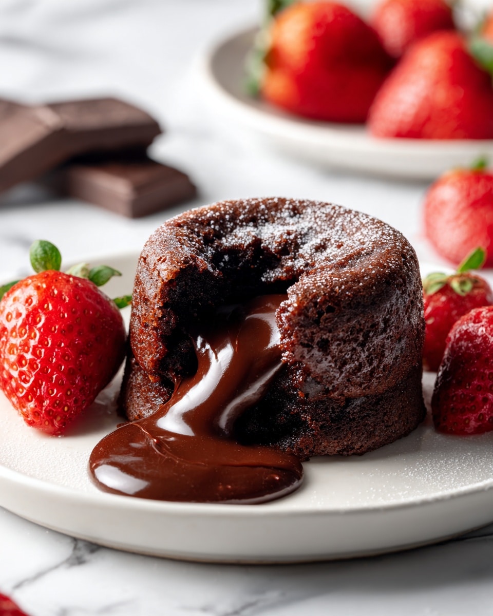 A small, round chocolate cake with a dark, moist texture is shown with its center broken open to reveal liquid chocolate flowing out. The cake is placed on a white plate set on a white marbled surface. Around the cake, there are fresh, red strawberries adding bright color contrast. In the background, there is a blurred chocolate piece, enhancing the focus on the cake and strawberries. photo taken with an iphone --ar 4:5 --v 7