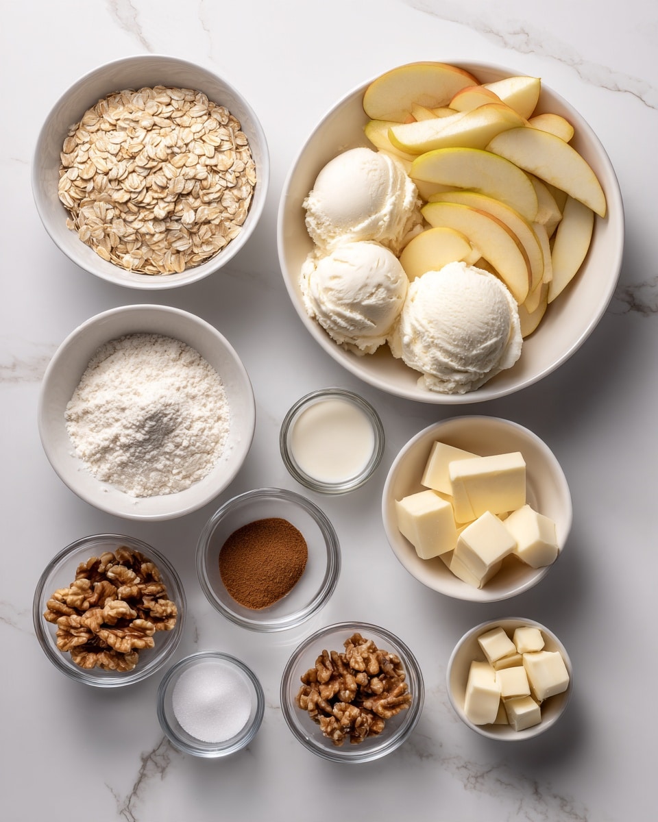 The image shows a collection of ingredients neatly arranged on a white marbled surface. There are seven white bowls and two small glass containers. The largest white bowl on the right is filled with thinly sliced pale yellow apple pieces. Next to it, a medium white bowl contains scoops of creamy white vanilla ice cream. Above the apple slices, another medium white bowl holds light beige oats. To its left, a medium white bowl is filled with dark brown sugar. Beside the oats, a small white bowl contains white flour, and two tiny white bowls below show cinnamon powder and crushed walnuts. On the bottom left, two tiny white bowls hold finer ingredients, one possibly baking powder and the other sugar. In the middle, two small glass containers hold solid yellow butter cubes and white sugar respectively. The layout is clean and bright, capturing the textures and colors clearly. Photo taken with an iphone --ar 4:5 --v 7