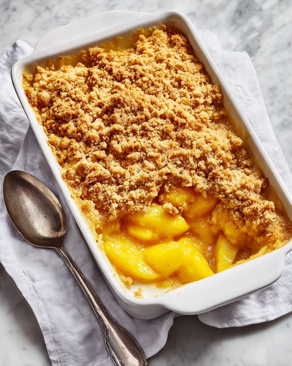 A white rectangular baking dish filled with a dessert that has a golden brown crumb topping that looks crunchy and uneven. One corner of the dish is scooped out, revealing a shiny, thick yellow filling with soft chunks of fruit underneath the crumb layer. The dish sits on a white marbled surface with a silver spoon and a white cloth napkin next to it. The lighting shows warm tones highlighting the golden crust and the shiny fruit filling. photo taken with an iphone --ar 4:5 --v 7