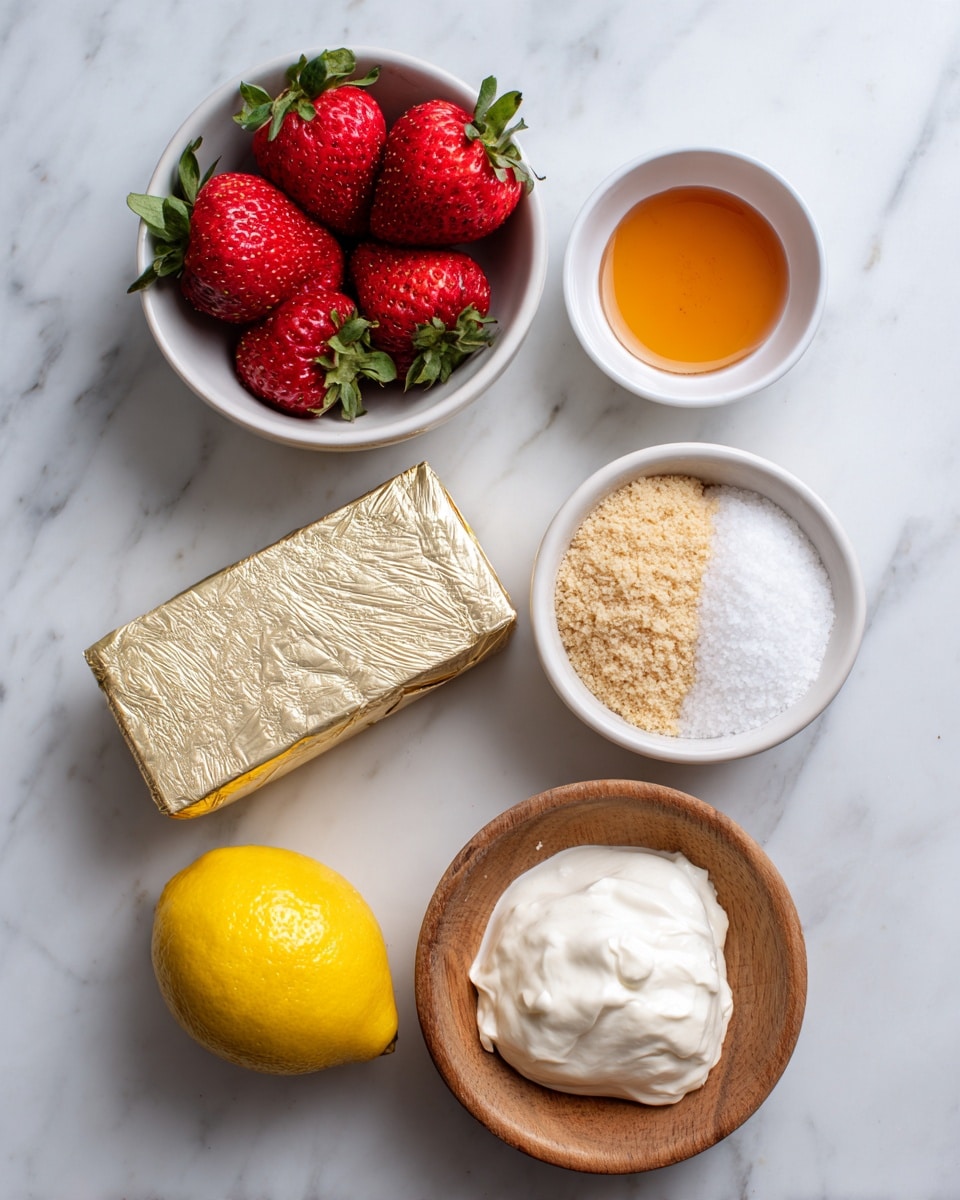 The image shows six small white bowls and one foil-wrapped block of cream cheese arranged on a white marbled surface. The top left bowl is filled with bright red strawberries with green leaves. Next to it on the right is a small white bowl with orange liquid, possibly honey or syrup. Below the strawberries is another white bowl filled with crushed light brown graham crackers. To its right is a white bowl with white granulated sugar. Next to that is a wooden bowl holding a thick layer of white creamy substance, probably whipped cream. Between the orange liquid and cream cheese block is a whole yellow lemon with smooth skin. All items are neatly spaced and arranged, with the bright colors standing out clearly against the white marbled background. Photo taken with an iphone --ar 4:5 --v 7