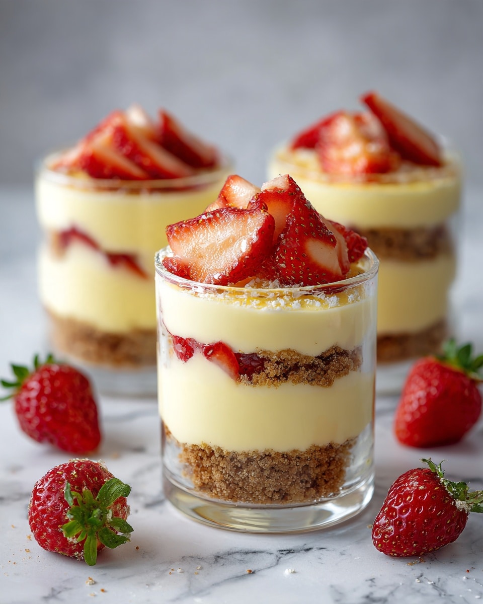 The image shows three clear glass cups filled with layered dessert placed on a white marbled surface. Each cup has four visible layers starting with a light yellow creamy base at the bottom, followed by a crumbly brown layer. Above this is another thick light yellow cream layer, topped with sliced bright red strawberries and some small red fruit pieces. The strawberries are fresh and shiny, and the layers are clean and neat. Some whole strawberries are placed near the glasses on the surface. Photo taken with an iphone --ar 4:5 --v 7