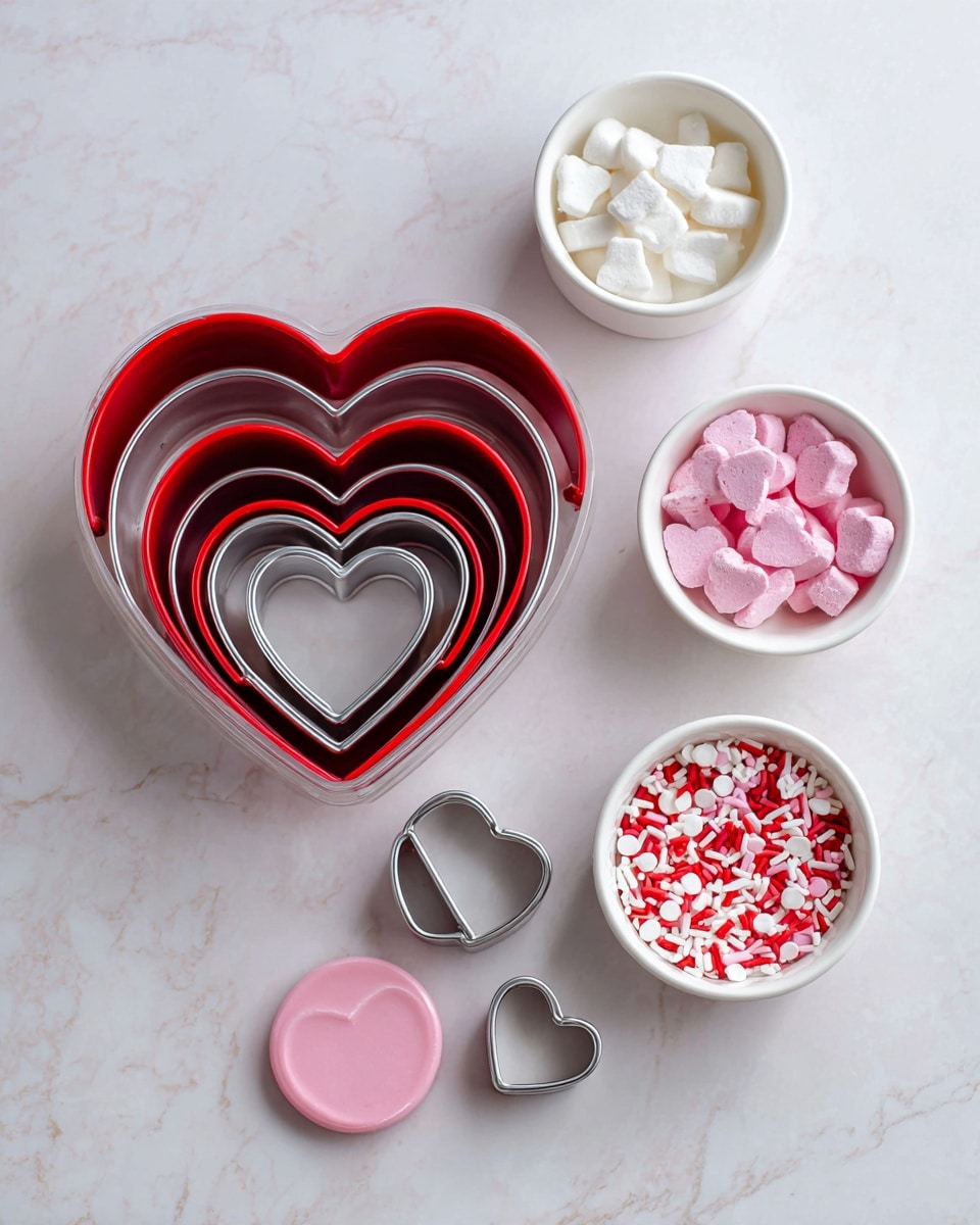 The image shows an arrangement of heart-shaped cookie cutters and candy melts on a white marbled surface. On the left, there is a clear plastic container holding five nested metal heart-shaped cookie cutters with red outer edges and silver inner parts, stacked from largest to smallest. On the right side, there are three white bowls: one filled with white candy melts, another with pink candy melts, and a third smaller bowl with red and white sprinkles, some shaped like letters and dots. Beside these bowls sits a single silver heart-shaped cookie cutter and a small pink round base holding the smallest red and silver heart cutter. Photo taken with an iphone --ar 4:5 --v 7