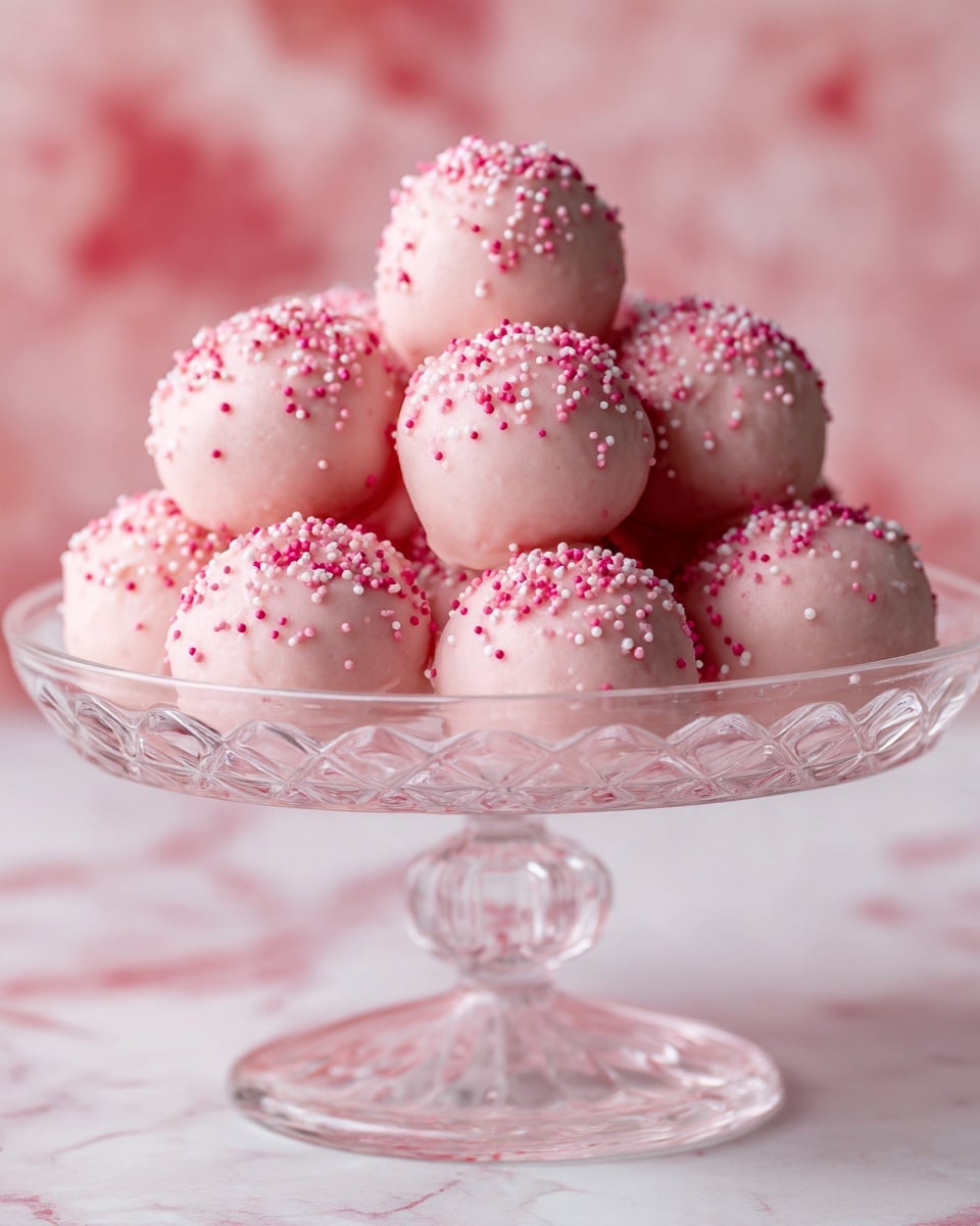 The image shows a clear glass cake stand filled with round pink cake balls arranged in two layers. Each cake ball is covered in smooth light pink icing and topped with small pink sprinkles that add texture and color contrast. The cake balls are placed closely together, creating a soft mound shape on the stand. The background has a white marbled surface with a soft red and pink color theme, enhancing the sweet and delicate look of the dessert. A woman's hand can be seen gently holding the edge of the cake stand. Photo taken with an iphone --ar 4:5 --v 7