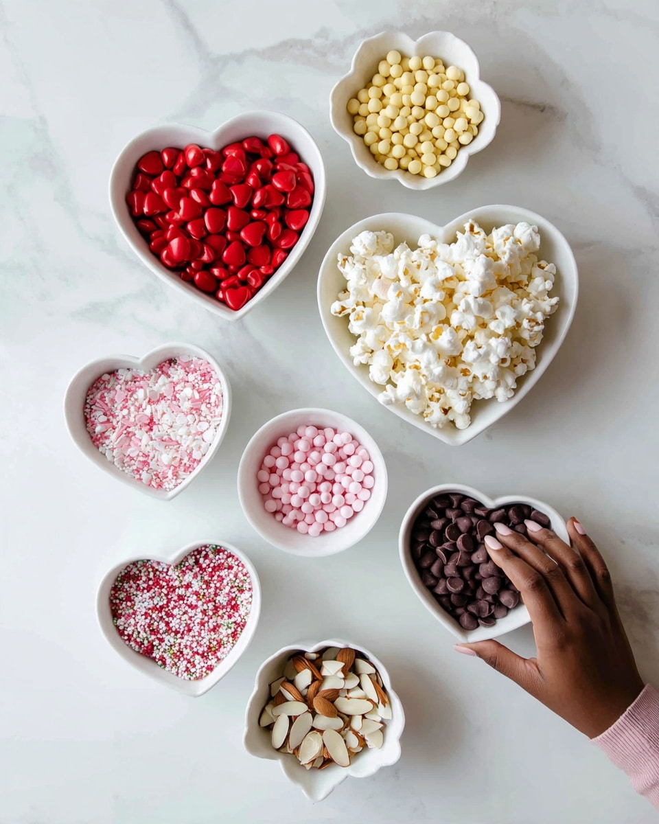 The image shows seven white bowls of different shapes placed on a white marbled surface. The top bowl is filled with red heart-shaped candies. Below it on the left is a flower-shaped bowl filled with small yellow round candies. To the right is a large heart-shaped bowl filled with white popcorn. In the center is a small heart-shaped bowl filled with round pink candies. Below it is a round bowl filled with pink and white sprinkles. On the bottom left is a heart-shaped bowl filled with small chocolate chips. Finally, on the bottom right is a star-shaped bowl with sliced almonds. A woman's hand is touching the edge of the red heart candy bowl. photo taken with an iphone --ar 4:5 --v 7