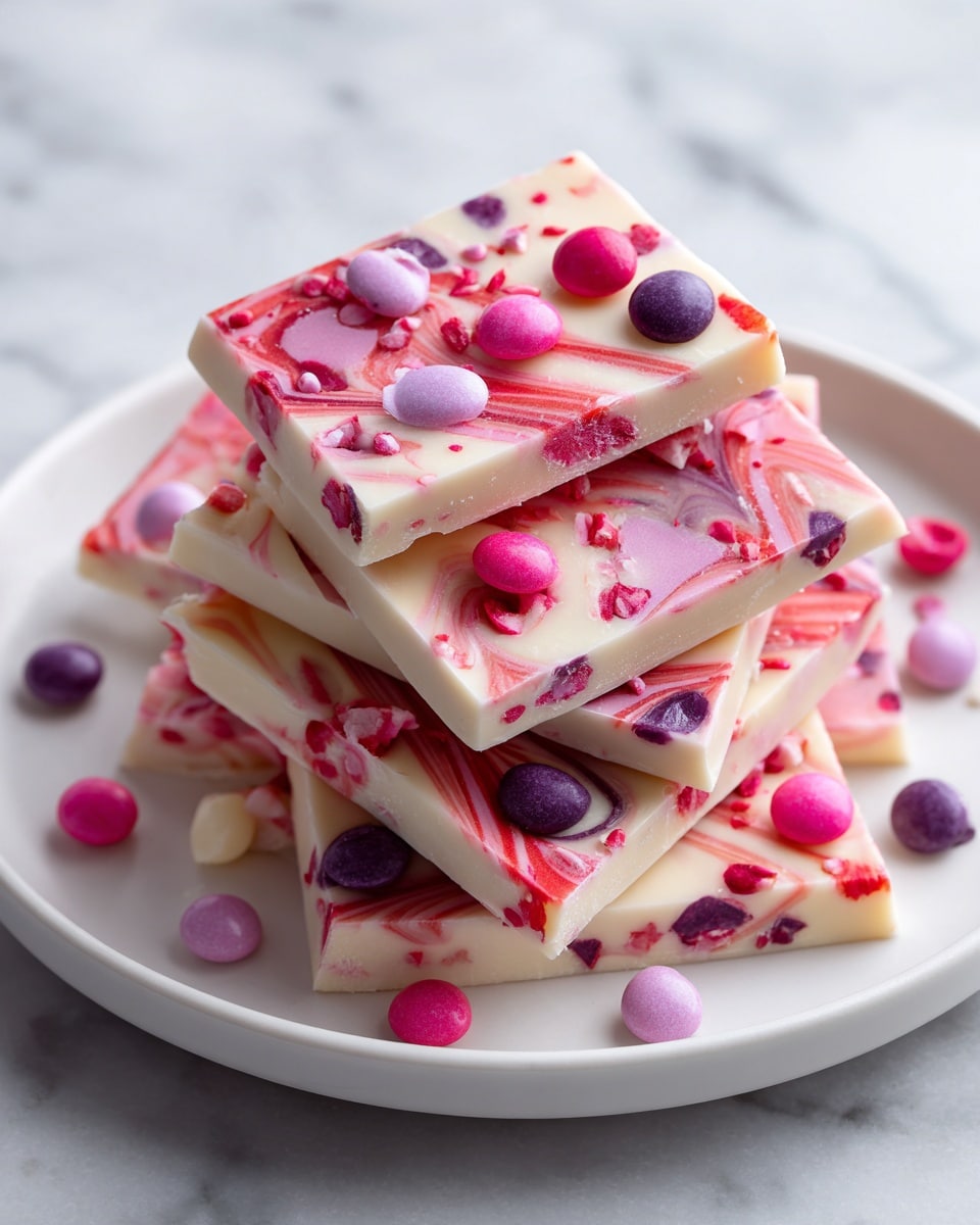The image shows a stack of white chocolate bark pieces on a white plate. The bark has a smooth white base with swirls of bright red and pink candy, creating a marbled look. Scattered on top are small round candies in pink and purple colors. The pieces are irregularly shaped, piled on the plate, with some pieces overlapping. The plate sits on a white marbled surface. Photo taken with an iphone --ar 4:5 --v 7