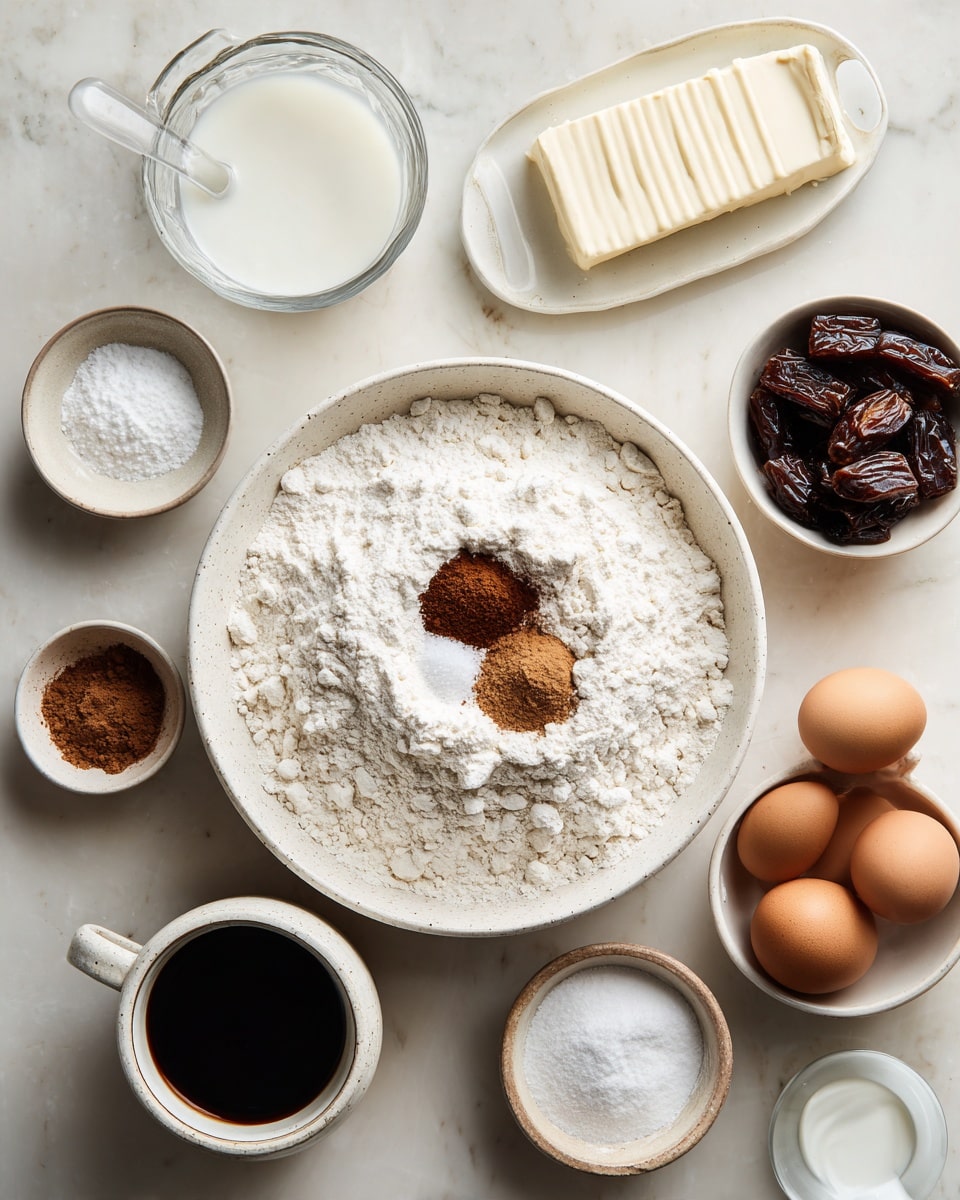 A white speckled large bowl holds a first layer of white flour, topped with a small white bowl inside containing three powders in separate spots: light brown cinnamon, dark brown cocoa, and white baking powder. Surrounding the bowl on a white marbled surface, there is a small glass bowl with salt, a white bowl filled with chopped dark brown dates, a white round bowl containing light brown sugar on the bottom right, two light brown eggs, a glass cup with water in the bottom center, a white jar with milk to the upper right, a small white bowl with dark brown vanilla extract on the top, and a white tray with a wrapped stick of butter beside a white cup filled with dark brown liquid (likely coffee). The scene is viewed from above. Photo taken with an iphone --ar 4:5 --v 7