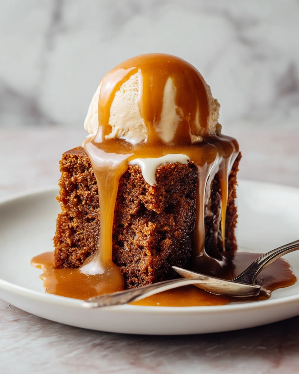 A thick square slice of brown cake stands on a white plate. On top, there is one scoop of light brown ice cream with a smooth texture that is starting to melt. Rich, shiny caramel sauce is poured over the ice cream, dripping down onto the cake. A silver spoon with some caramel sauce rests on the plate next to the cake. The background shows a soft, out-of-focus white marbled surface. photo taken with an iphone --ar 4:5 --v 7