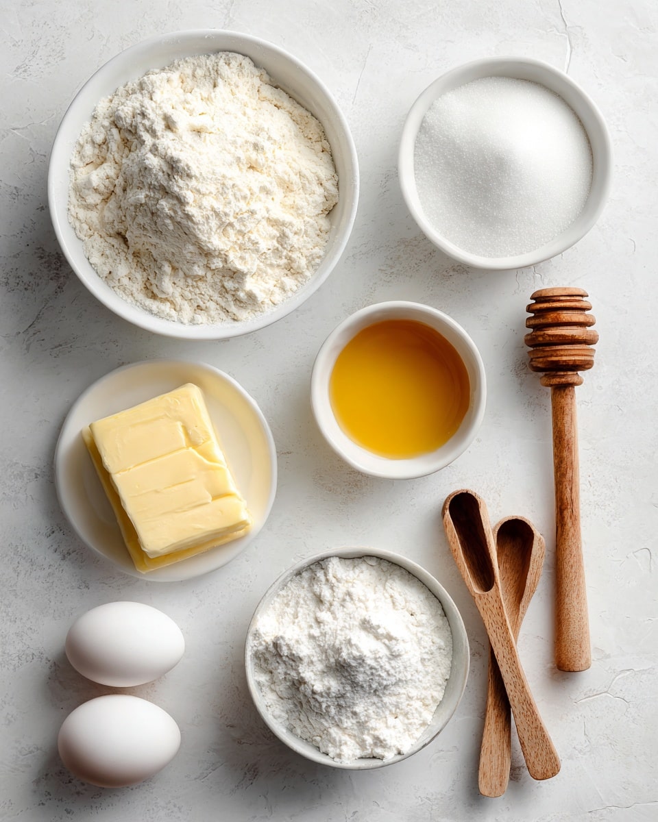 The image shows six baking ingredients arranged on a white marbled surface. On the top left, a white bowl is filled with white flour. Next to it, in the center top, is a white bowl with yellow honey. To the right, another white bowl contains white sugar. Below, near the center bottom, there is a white bowl holding a rectangular slab of yellow butter. At the bottom left, two white eggs are placed directly on the surface. On the bottom right, there is a wooden spoon filled with a white powder, likely baking powder or baking soda, along with two additional wooden measuring spoons stacked beneath it. The items are spaced out evenly and lit softly to show their textures clearly. photo taken with an iphone --ar 4:5 --v 7