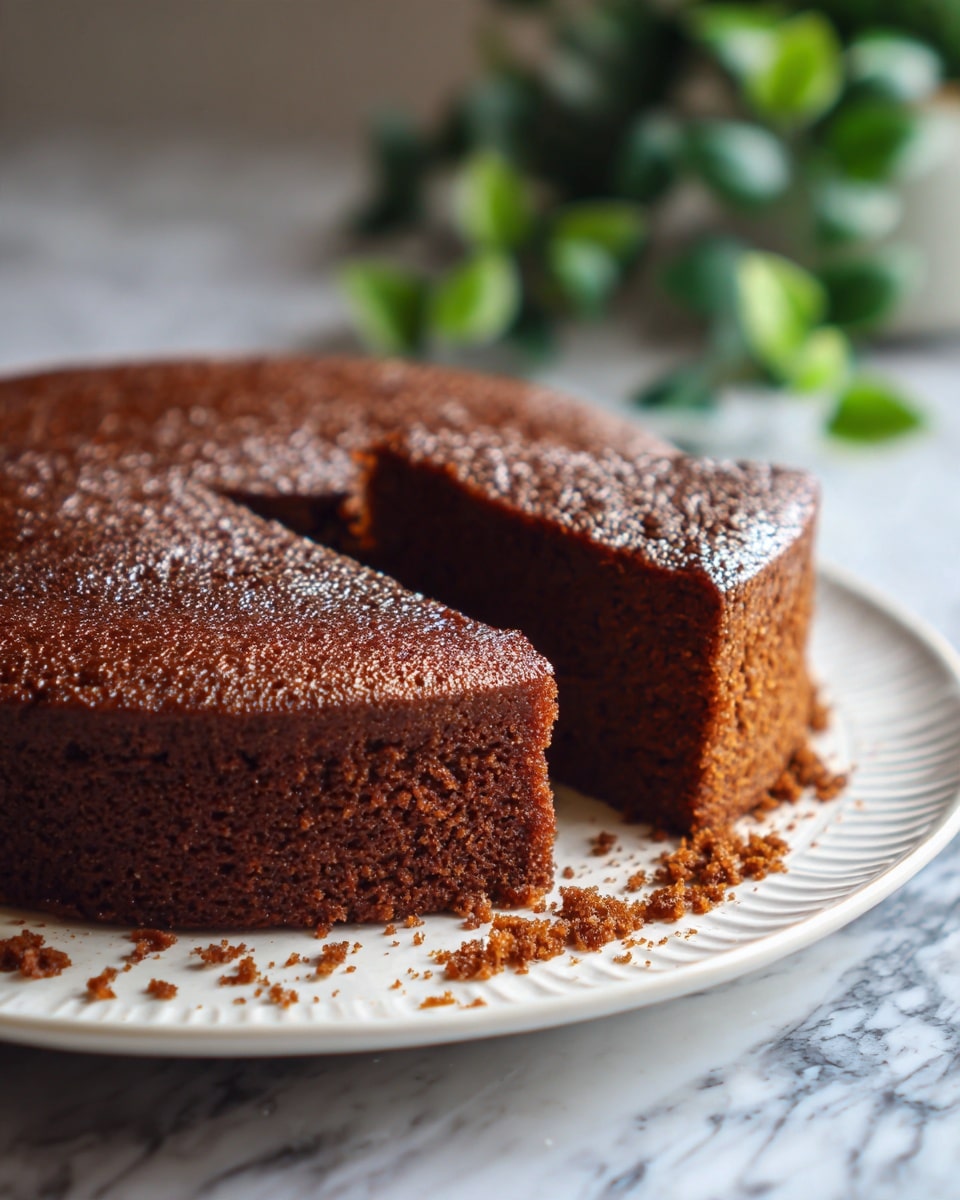 A single-layer brown sticky cake sits on a white plate with detailed edges, with a wedge missing from the front revealing a moist and crumbly interior that is lighter brown than the outside. Crumbs scatter on the plate below the missing wedge, and the cake has a shiny, textured top. Green leaves are softly blurred in the background contrasting with the white marbled surface under the plate. Photo taken with an iphone --ar 4:5 --v 7