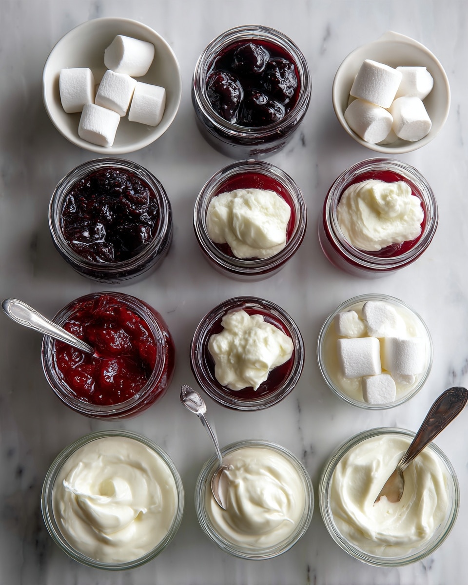 The image shows nine small white bowls arranged in three rows on a white marbled surface. The top row includes three medium bowls filled with dark purple jam, small white marshmallows, and red chunky jam. The middle row holds four glass jars with layers of dark purple jam topped with a dollop of cream, and red jam with cream, each jar showing a clear contrast between the colors. The bottom row has four glass jars filled with thick white cream. A spoon rests inside the red chunky jam bowl, and the scene is bright and clean, highlighting the colorful layers and textures. photo taken with an iphone --ar 4:5 --v 7
