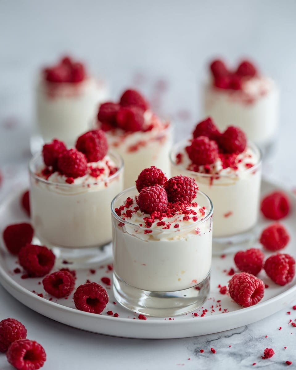 The image shows five clear glasses filled with creamy white dessert topped with bright red raspberries and small red crumbs. Each glass has a thick layer of smooth white cream, with the raspberries placed neatly on top in groups of three or four. The glasses sit closely on a white round plate. Around the plate, there are extra whole raspberries scattered loosely. The background is a white marbled surface. The scene looks clean, fresh, and colorful with the contrast of white cream and vibrant red fruit. Photo taken with an iphone --ar 4:5 --v 7