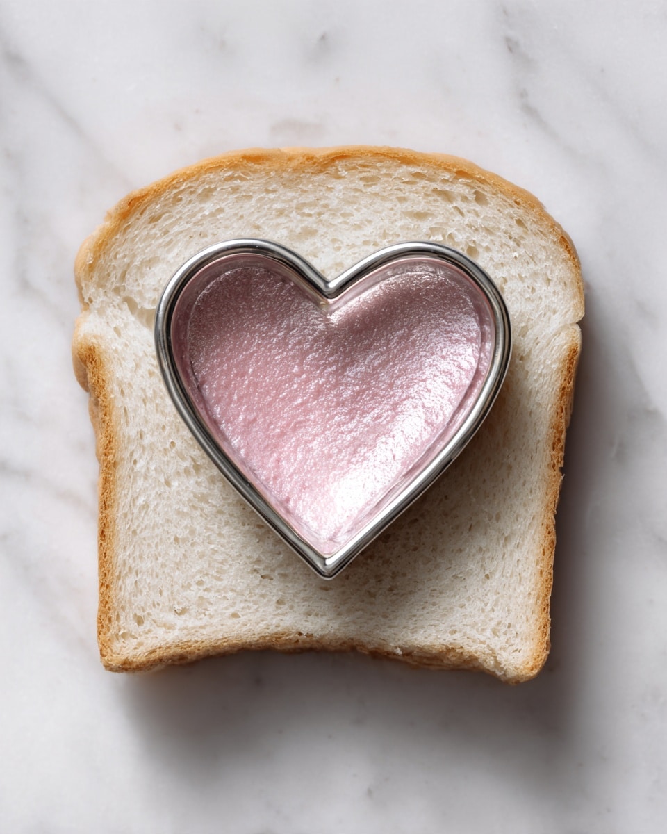 A single slice of white bread is placed on a white marbled surface, with a thin layer of pink spread evenly covering part of the bread's center. On top of this slice, there is a shiny silver metal heart-shaped cookie cutter pressing down, slightly embedding into the bread and spread. The bread’s edges are golden brown with soft white inside, and the shiny metal reflects a bit of the pink spread inside its heart shape. photo taken with an iphone --ar 4:5 --v 7