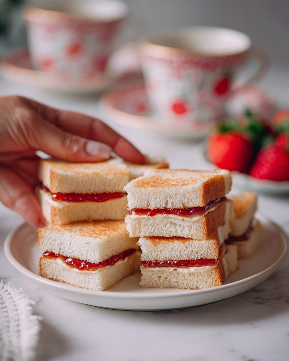 A white plate on a white marbled surface holds small sandwich stacks shaped like bells, each with two layers of light golden toasted bread and a thin red layer of jam in the middle. The bell-shaped sandwiches have soft edges and a slightly rough texture from the toasting. In the background, there are blurred cups with red and white patterns and some fresh strawberries, adding bright red and green colors. A woman's hand gently holds one of the bell-shaped sandwiches from the side, showing the size and shape clearly. photo taken with an iphone --ar 4:5 --v 7