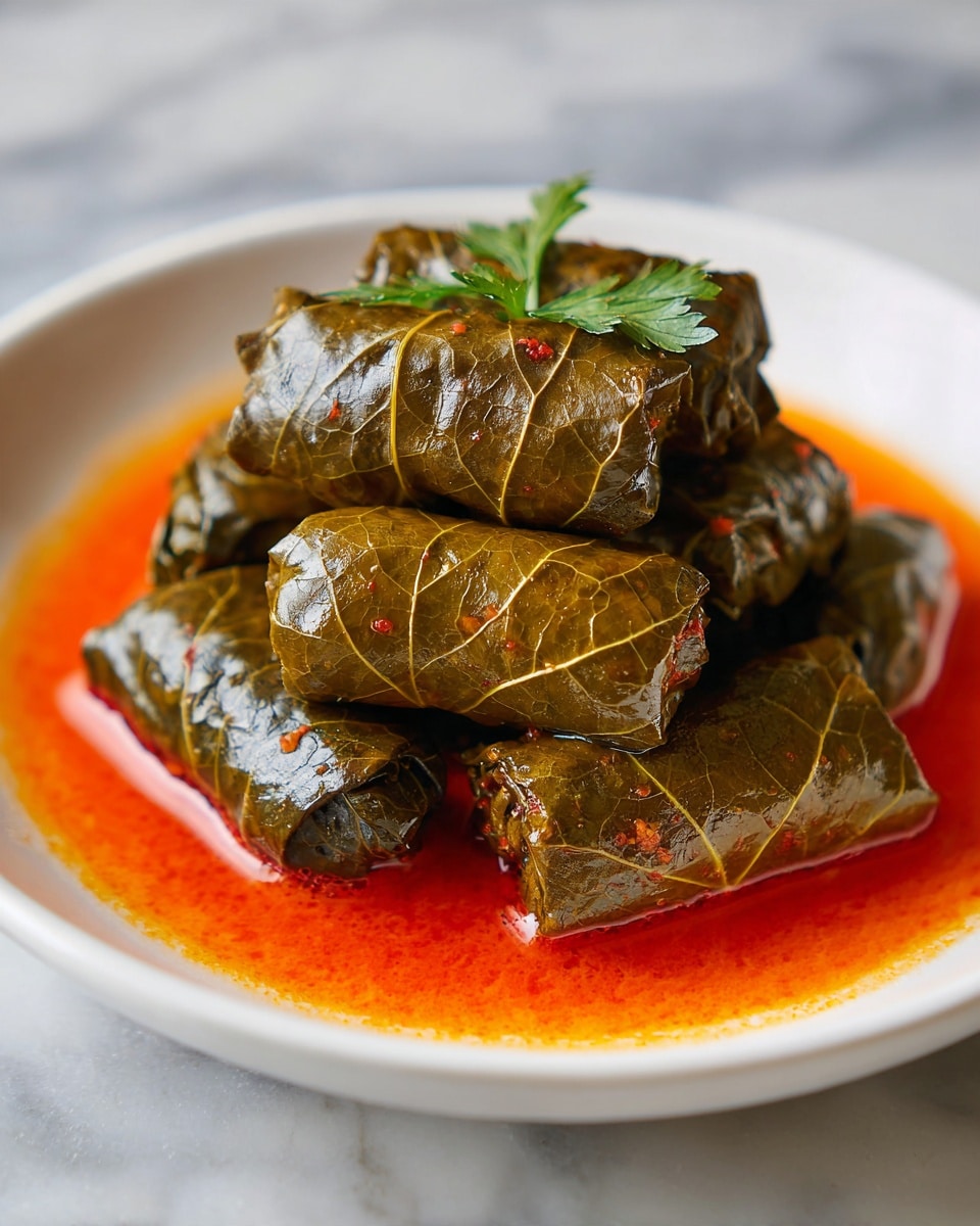 A close-up view of a white plate stacked with several dark green stuffed grape leaves tightly rolled into small cylinders. The grape leaves have a slightly glossy texture with some brown spots, showing they are cooked. They sit in a shallow pool of bright reddish-orange sauce that spreads across the base of the plate, giving a rich and slightly oily look. The plate is placed on a white marbled surface. photo taken with an iphone --ar 4:5 --v 7