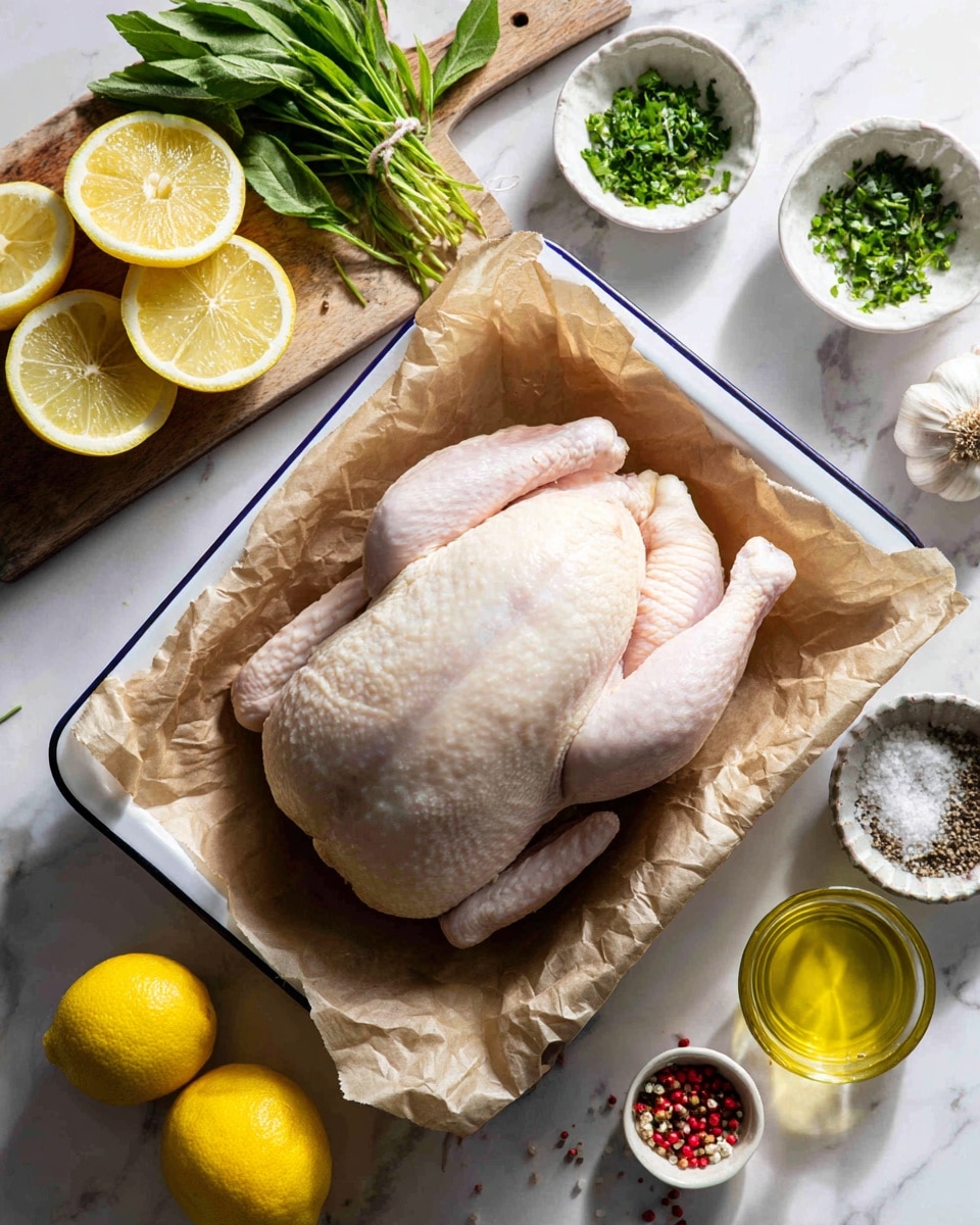 A whole raw chicken lies flat on brown parchment paper inside a white tray with a blue rim, placed on a white marbled surface. Above the chicken, there is a wooden board holding several lemon wedges and green leafy herbs. Surrounding the tray, several small white bowls contain minced garlic cloves, finely chopped green herbs, and red chili flakes. On the right side of the tray, a small glass of golden oil and a small white bowl with black pepper and salt are visible. Two whole yellow lemons are near the bottom edge of the image. The overall scene is bright and clean with a fresh, natural look. photo taken with an iphone --ar 4:5 --v 7