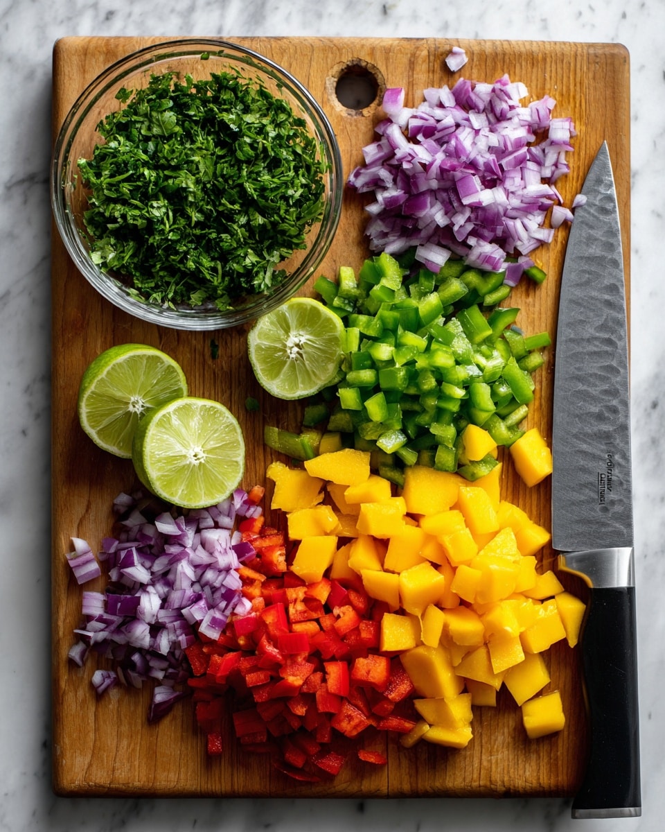 The image shows a wooden cutting board placed on a white marbled surface, with many small chopped ingredients neatly arranged in clusters. At the top left, there is a small clear glass bowl filled with fresh, chopped green parsley. Below the bowl, there are two halves of a lime showing their bright green interior. Around the lime, diced purple-red onion pieces are placed, followed by chopped green bell peppers to the right. Above the green peppers, there are bright yellow mango cubes filling the top right section of the board. To the left of the mango are red bell pepper pieces, completing a colorful mix of ingredients. A sharp chef’s knife with a black handle lies on the right side of the board. photo taken with an iphone --ar 4:5 --v 7