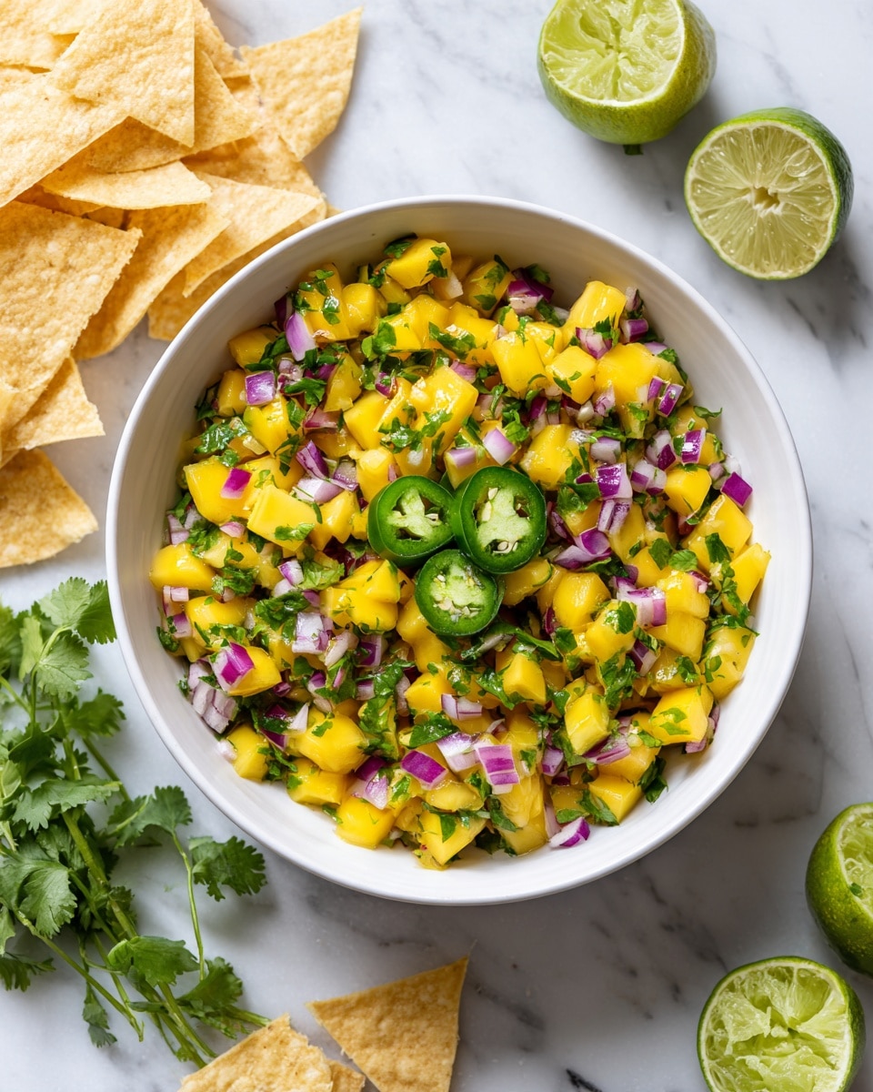 A white bowl filled with bright yellow mango salsa that has four visible layers: the base layer is made of small yellow mango cubes mixed with finely chopped green herbs; scattered on top are small pieces of red onion adding purple and white spots; fresh green cilantro leaves are spread evenly across the salsa with a few larger leaves on top; three slices of green jalapeño peppers are placed in the center of the bowl. The bowl sits on a white marbled surface, surrounded by light yellow tortilla chips on the left and halves of squeezed limes on the right, with a small knife and spoon inside the bowl. Photo taken with an iphone --ar 4:5 --v 7