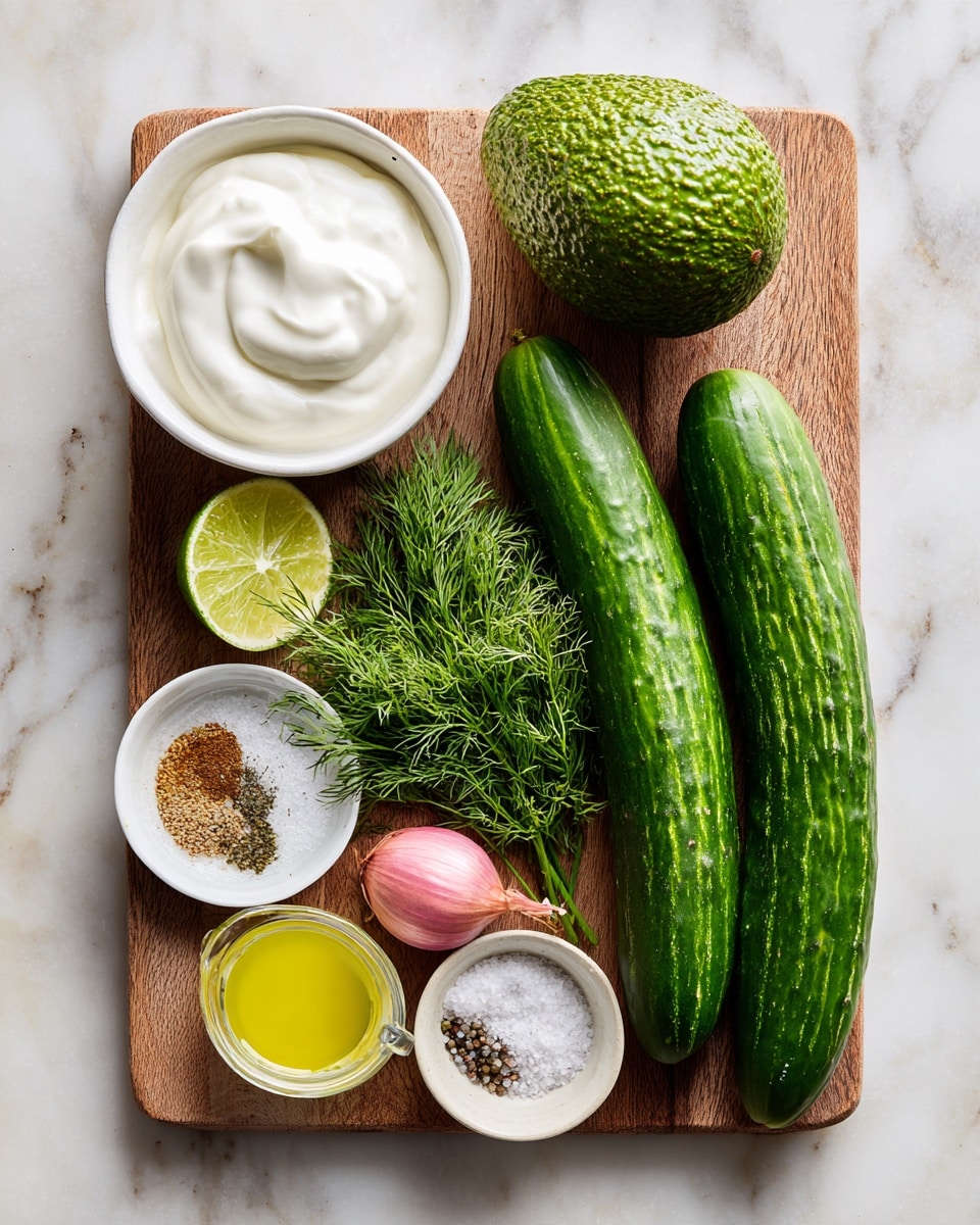 The image shows a wooden board on a white marbled surface with fresh ingredients arranged neatly. On the board, there are two long dark green cucumbers placed side by side on the right, with a ripe bumpy avocado above them. In the middle, there is a small bunch of fresh green dill in a small container, below which lies a whole green lime and a small pink shallot. Two small white bowls hold seasonings: one with a brown powder and another with black pepper and salt. To the left of the wooden board, a white bowl filled with thick white yogurt is placed above a white measuring cup containing light yellow oil. The whole setup is bright and fresh, showing natural colors and textures clearly. photo taken with an iphone --ar 4:5 --v 7