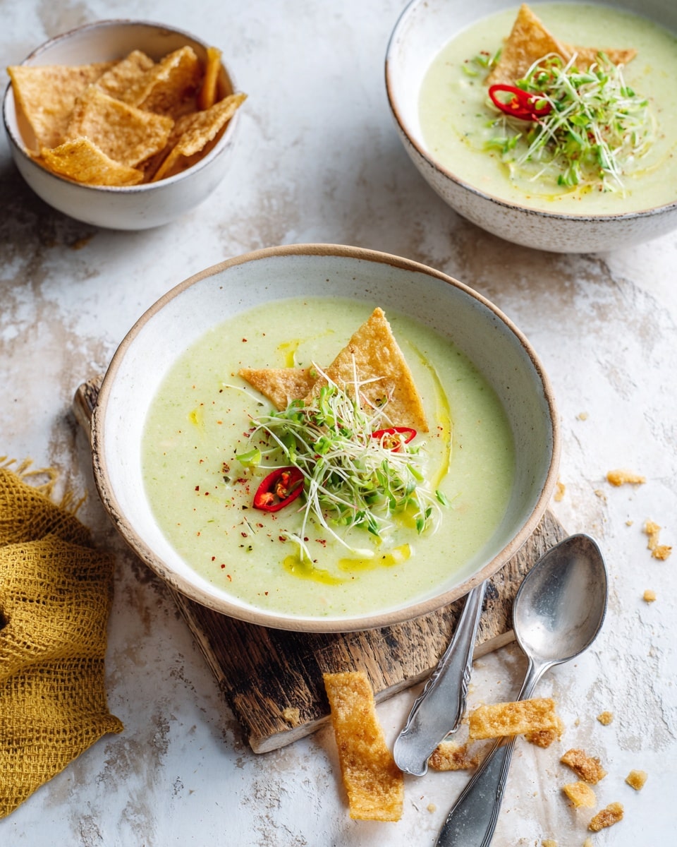 A bowl of creamy pale green soup with a smooth texture sits on a white marbled surface, topped with red sliced chili, green sprouts, and triangular golden brown crisp chips, with a drizzle of yellow oil on top. Behind it, another bowl with similar soup and toppings is partly visible. To the left, a white bowl holds golden brown crisp chips. In front of the soup bowl, on a weathered wooden board, there are a few crisp chips stacked and scattered crumbs around. Two shiny silver spoons lie horizontally at the bottom. A folded yellow textured cloth is in the background. The dish is bright and colorful, placed on a rustic yet clean white marbled surface. photo taken with an iphone --ar 4:5 --v 7