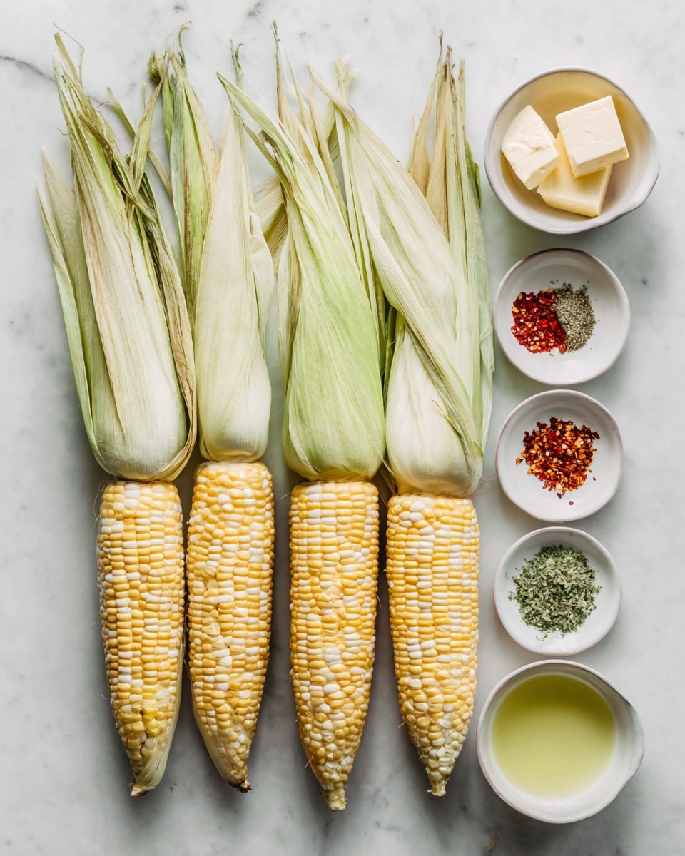 Four yellow and white corn ears with pale green husks partially peeled back are lined up horizontally on a white marbled surface. Surrounding the corn are six small white bowls with different ingredients: a cube of butter, red chili flakes, green seasoning powder, a light green liquid, a clear liquid, and a light yellow liquid. The items are spaced neatly around the corn, creating a simple and clean cooking scene. photo taken with an iphone --ar 4:5 --v 7