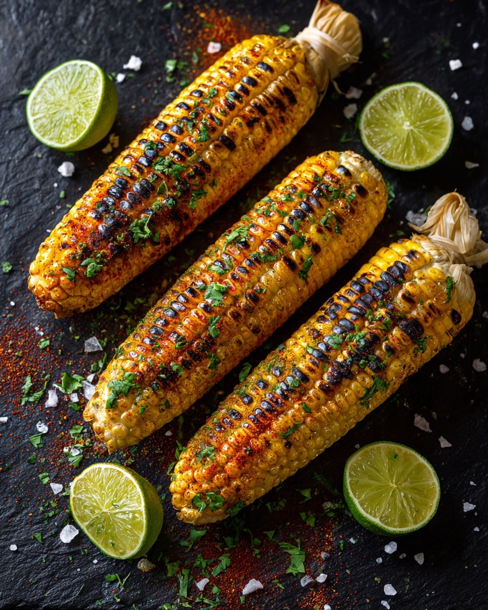 Four ears of grilled corn with char marks lie on a black surface, sprinkled with chopped green herbs and red spice powder. Small pieces of coarse salt are scattered on and around the corn. Lime wedges with bright yellow inner flesh are placed near the top and bottom corners, adding fresh color. The ends of the corn are tied with pale husks, giving a rustic look. The scene uses a white marbled texture background. Photo taken with an iphone --ar 4:5 --v 7