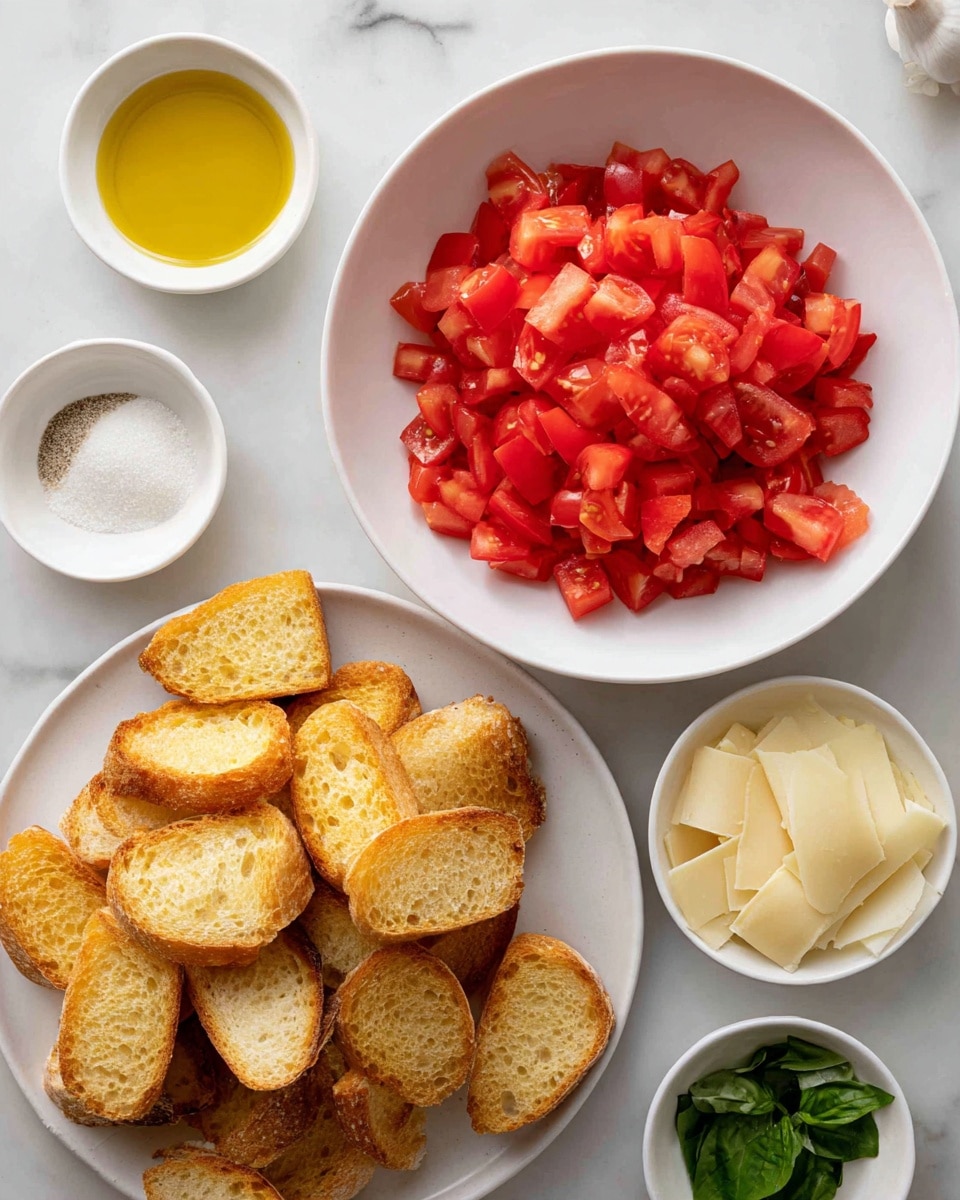 The image shows several ingredients arranged on a white marbled surface. On the bottom left, there is a white plate filled with toasted bread slices, each piece golden brown with a slightly crispy texture. To the right, a large white bowl holds a heap of bright red diced tomatoes. Surrounding these main items are smaller white bowls containing different ingredients: at the top left is light golden olive oil, next to it is coarse white salt, on the bottom right are thin strips of fresh green basil, next to the basil is a bowl with wide, curled pale yellow cheese slices, and at the far right is a small bowl with finely minced light yellow garlic. The colors are fresh and vivid, and the setup looks clean and well organized. Photo taken with an iphone --ar 4:5 --v 7