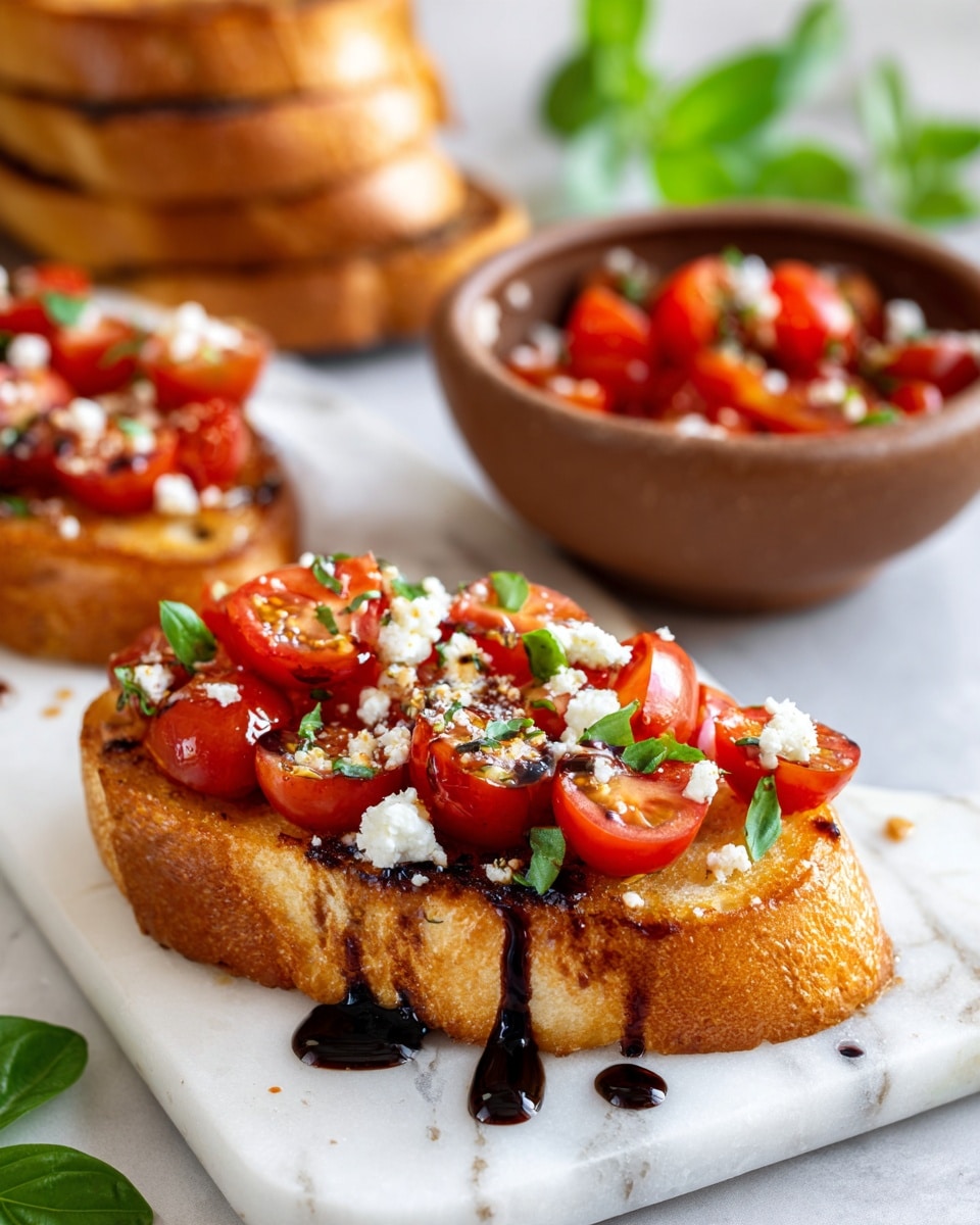 A piece of toasted bread sits on a white marbled surface, topped with halved red cherry tomatoes mixed with small green basil pieces. On top are scattered small white crumbles of cheese and a slight drizzle of dark balsamic glaze. Behind this toast, there is a stack of more toasted bread slices with a golden brown crust. To the right, there is a round brown ceramic bowl filled with extra chopped cherry tomatoes and basil. The setting is bright and fresh with subtle green leaves blurred in the background. Photo taken with an iphone --ar 4:5 --v 7